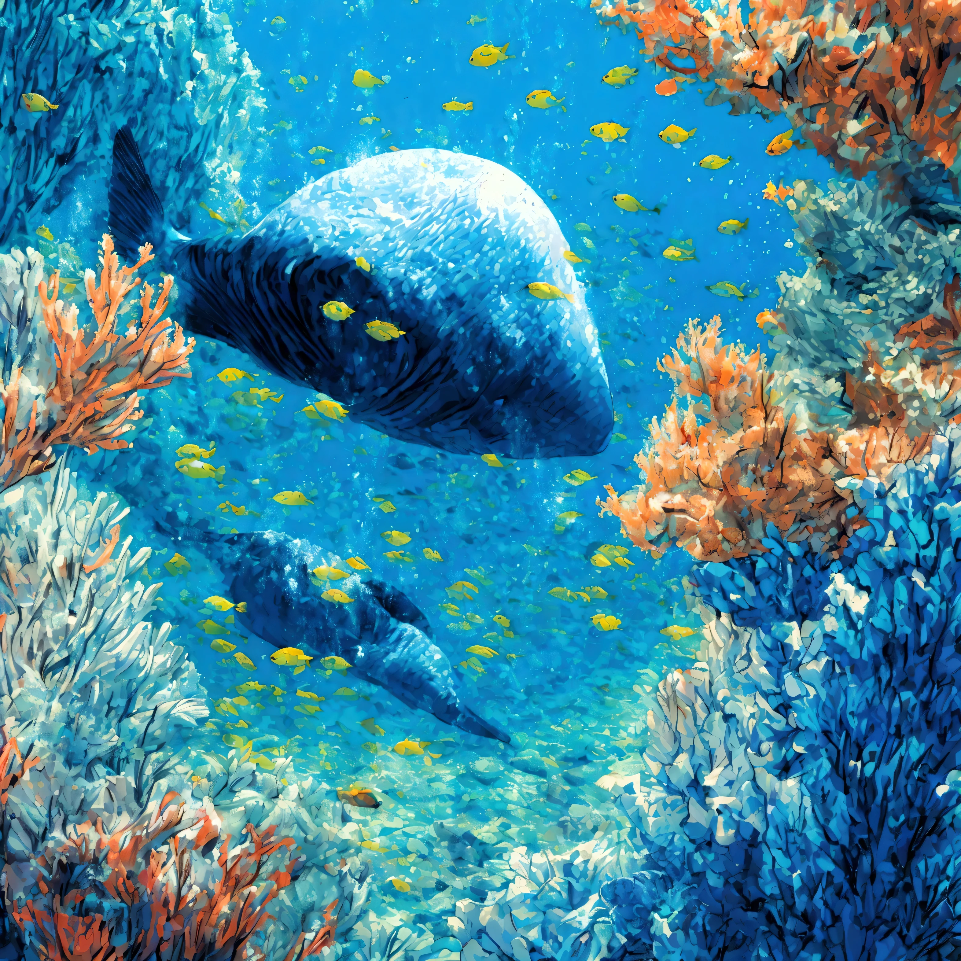 A mesmerizing underwater wallpaper featuring a gigantic blue whale swimming gracefully in the deep ocean, surrounded by rays of sunlight filtering through the water. A scuba diver in a sleek wetsuit and oxygen tank is seen nearby, observing the whale in awe. The scene includes vibrant marine life like colorful fish and coral reefs, with bubbles rising to the surface and a sense of tranquility and wonder in the vast, blue aquatic world."