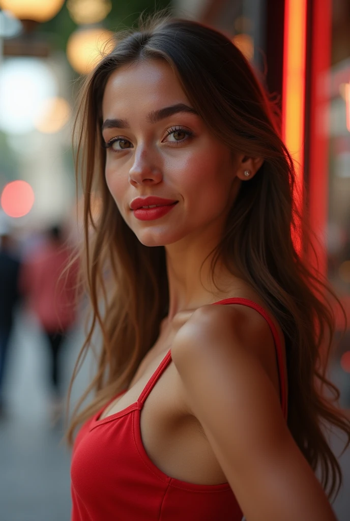 Fotografie of a stunning Girl, In der Stadt, wears a red dress, enjoy, Girl, Sommer, hot Girl, (((medium bust))), brunette Haar, lang_Haar, schaut in die Kamera, symmetrisches Gesicht, fotorealistisch, Fotografie, Spectacular lighting,, beautiful, Dekollete, Western, (masterpiece), best quality, high resolution, Extremely detailed, Haut mit Poren, verschwommener Hintergrund, depth of field, filmische Beleuchtung