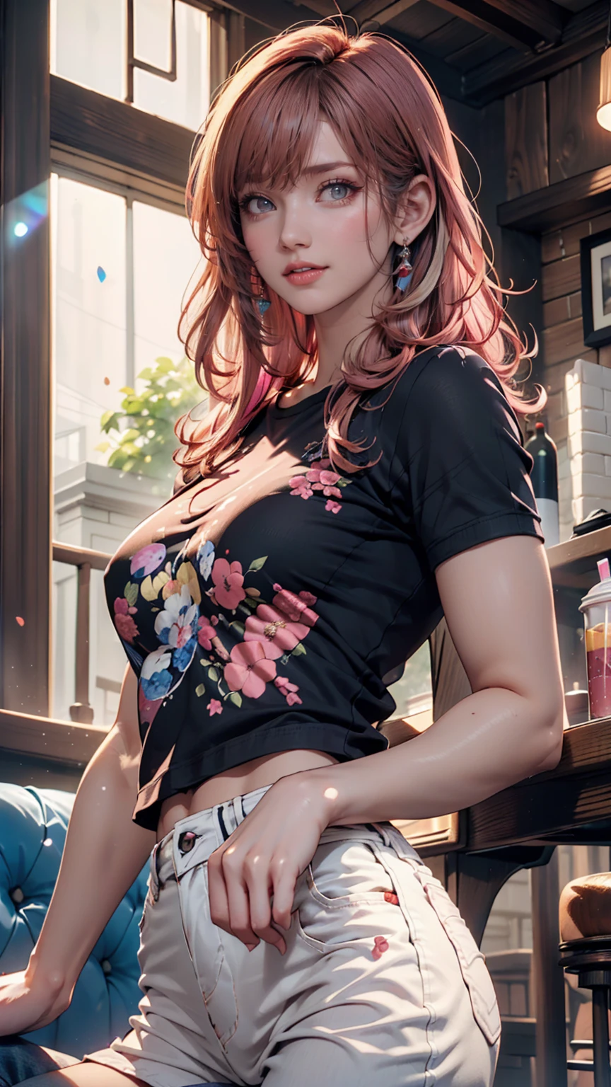 25 years old, woman, redhead shortcut, beauty, casual fashion style, eating sweets in cafe, wearing lingerie, many people on the street