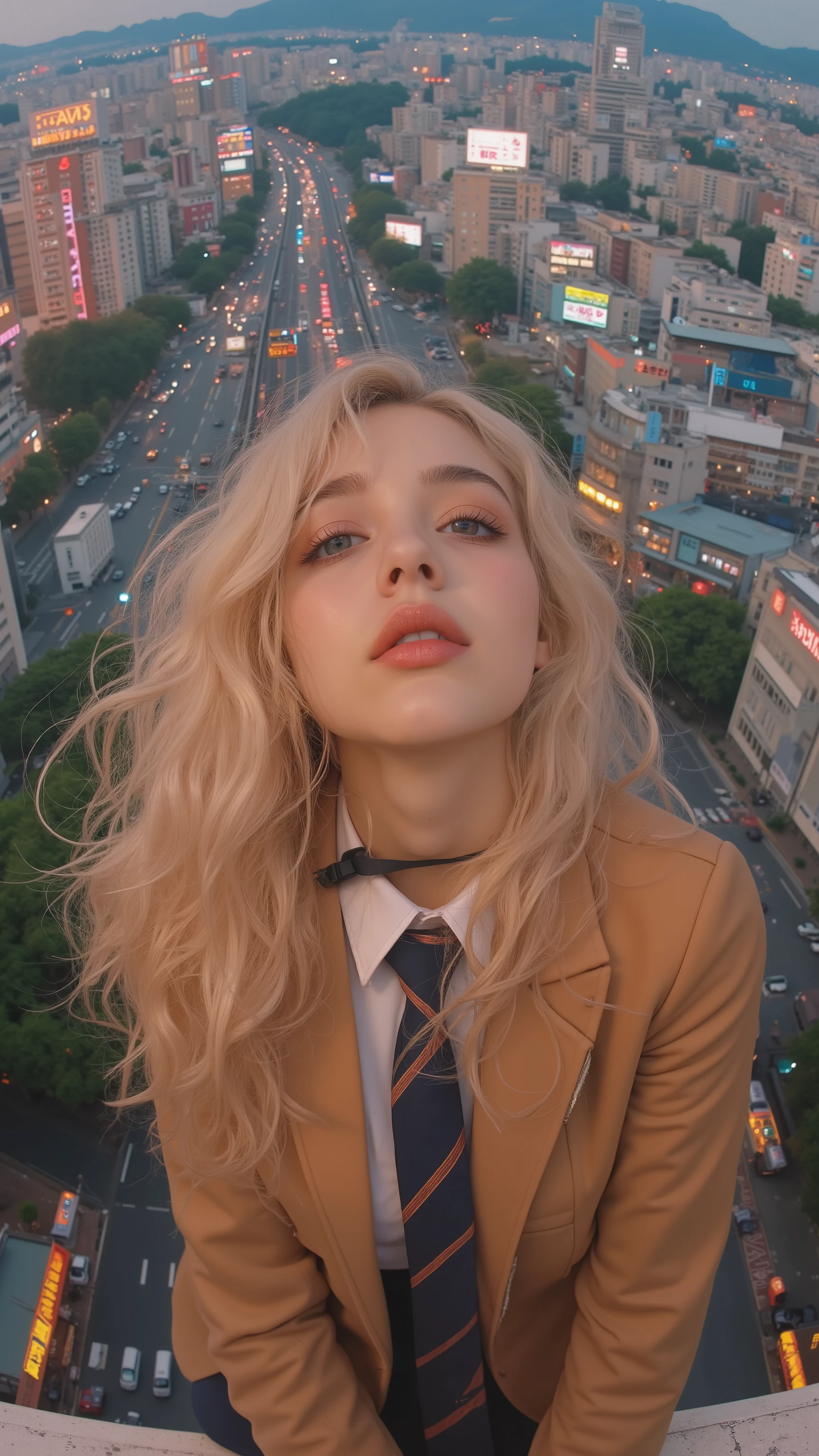 8k, masterpiece, highest quality, Korea's Beautiful Women, Elevated viewpoint, fish-eye distortion, blonde curls, serious expression, school uniform, tan jacket, light shirt, dark skirt, dark choker, leaning forward, dense cityscape, elevated roadways, neon signs, Japanese architecture, busy urban environment, saturated colors, slight desaturation.