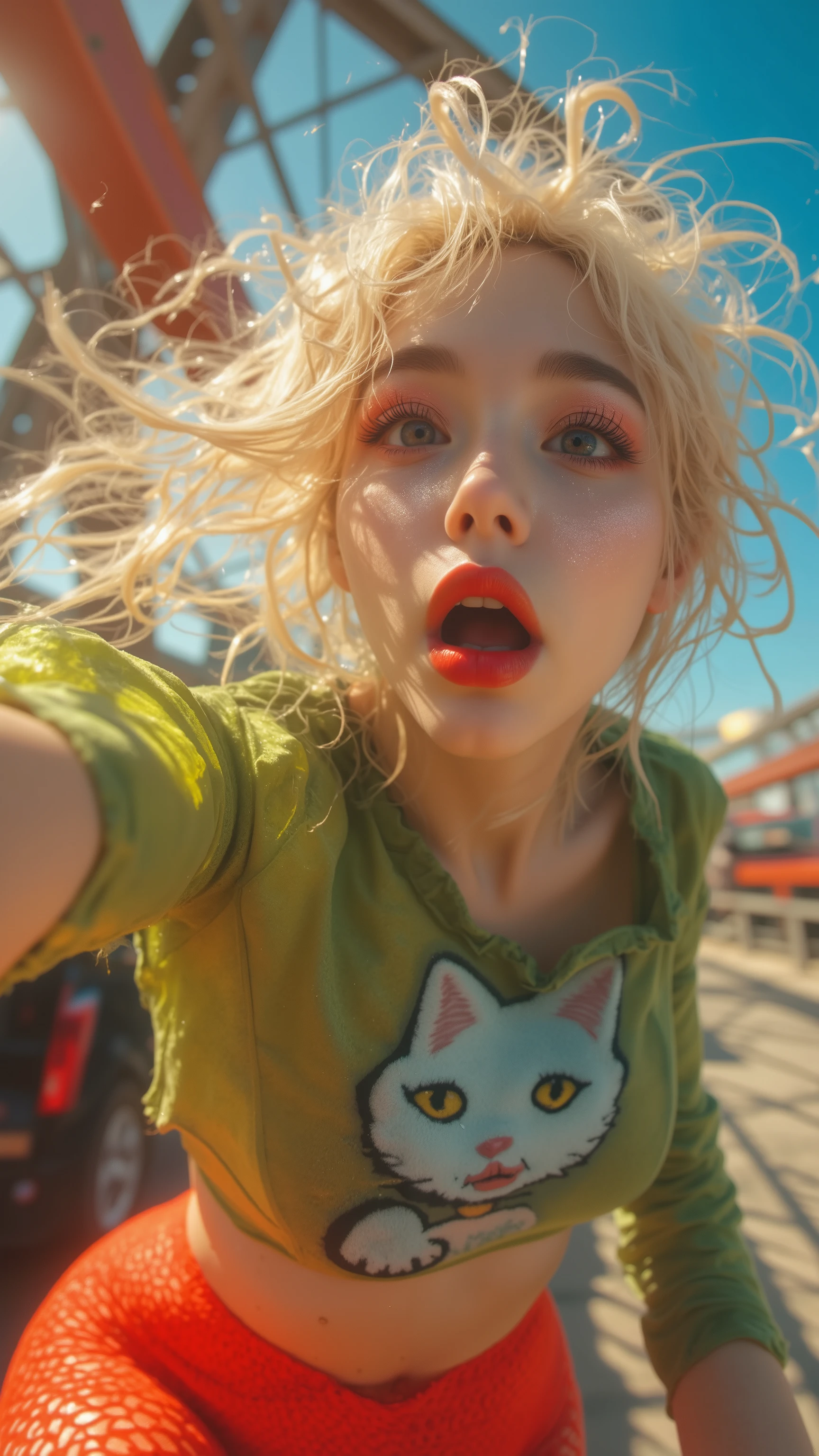 8k, masterpiece, highest quality, Korea's Beautiful Women, Low-angle, fisheye, exaggerated expression, surprised, shocked, bleached blonde hair, messy hairstyle, bright makeup, red lipstick, eyeshadow, green crop top, cat graphic, red textured leggings, fishnet, chain-link, outdoors, bridge, overpass, metalwork, railing, saturated colors, oranges, yellows, greens, reds, Y2K, edgy, playful, provocative, sharp focus, blurred background, bright lighting, sunlight.