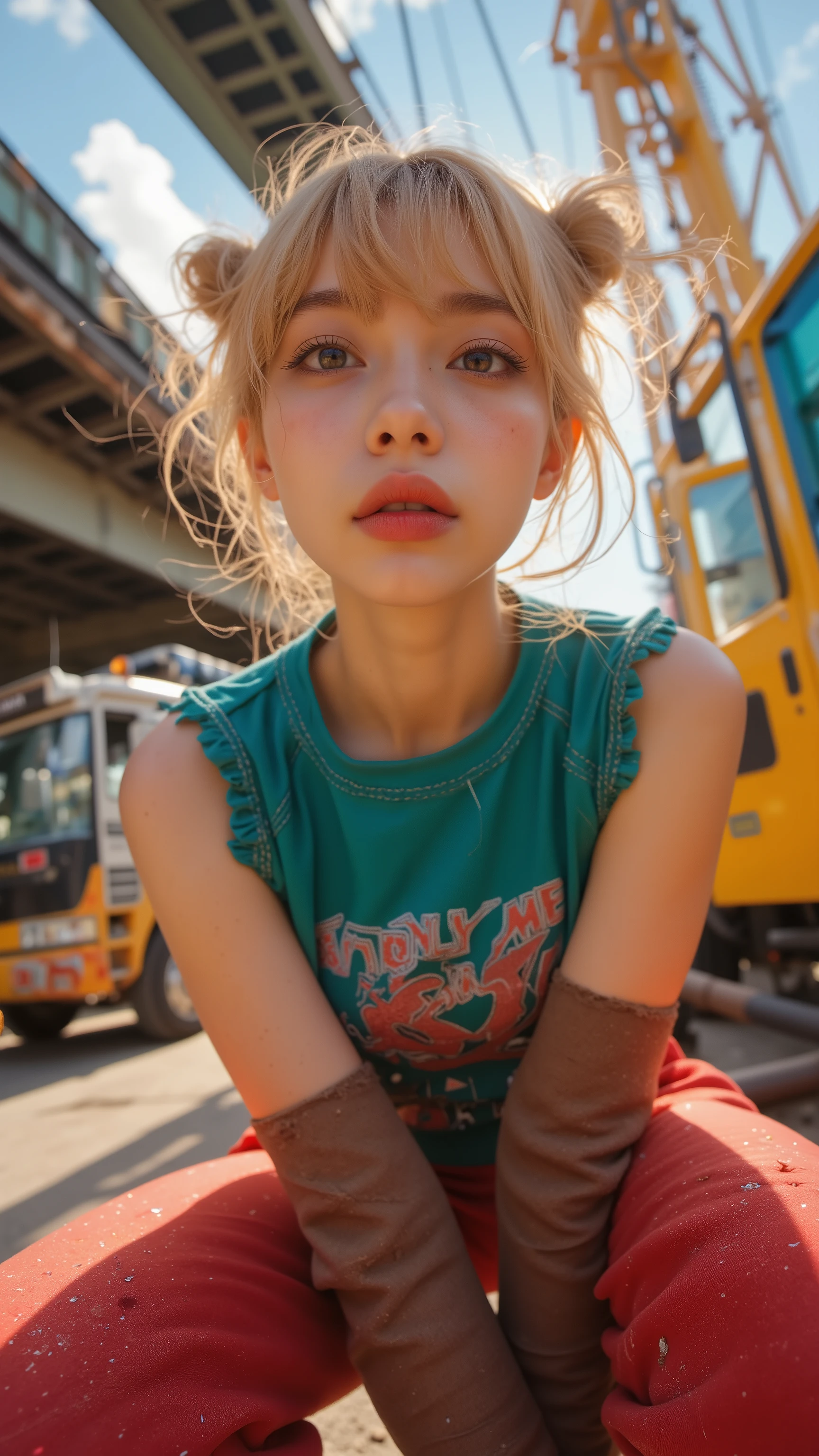 8k, masterpiece, highest quality, Korea's Beautiful Women, Low-angle, fisheye, close-up. Blonde, buns, bangs, East Asian, features, distinct. Teal sleeveless top, graphic, red pants, flared, stitching, frayed, brown arm warmers. Crouching, hands visible. Urban, industrial, bridge, vehicles, machinery, saturated, vintage, retro.