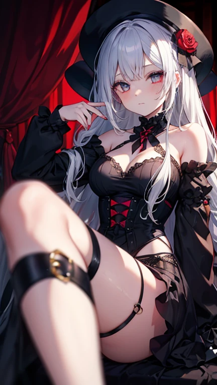 NSFW, tmasterpiece, beste-Qualit, ShalltearV4, 1girl, 独奏, gown, Ruffles, bow, Hair Bow, fangs, pale skin, luminous, gloweyes, portraite of a, l vampire