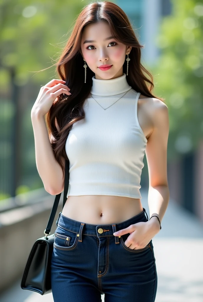 Masterpiece, Best Quality, ultra high resolution, very detailed photo, 8K Unity Wallpaper, Extremely detailed CG: 1,2), depth of field, bokeh, (RAW photo: 1. realistic photography: 1, 4), (1 girl: 1,5) , YOUNG, Physical representation, beautiful, (Finely detailed face: 1.4, Detailed clothing), (detailed: 1.4) called (eimi fukada: 1.1) BREAK Beautiful face, depth of field, Add layer, Asian, 18 years, Perfect model body, perfect breasts, 175 cm tall, pose sexy, whole body, whole body, model shape, BREAK (fitted white crop top, Leggings negros: 1,3), (wide: 1,2), double eyelid BREAK city streets, standing on the sidewalk, Talking on the phone, Nice smile