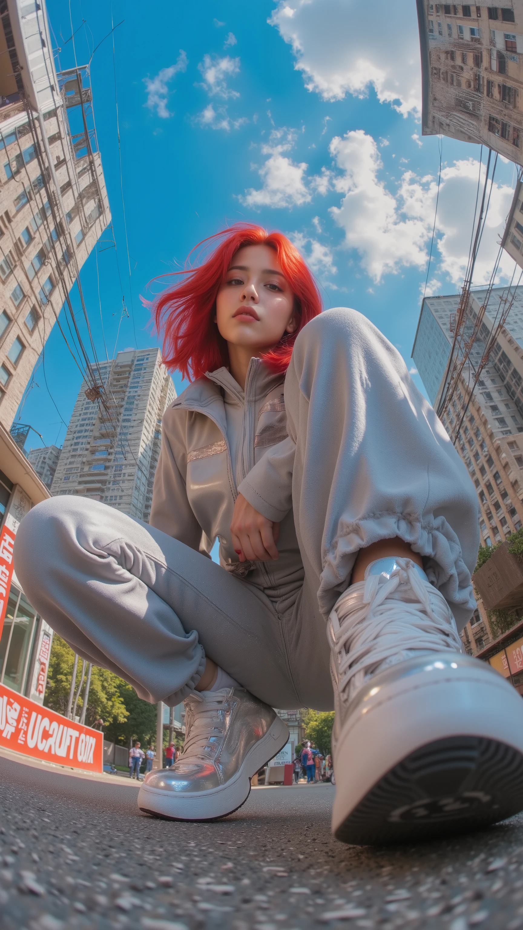 8k, masterpiece, highest quality, Korea's Beautiful Women,Urban cityscape, fisheye lens perspective, vibrant red hair, grey futuristic outfit, metallic sneakers, blue sky with fluffy clouds, tall buildings, dramatic angle, dynamic pose, fashion photography, street style, wide-angle shot, bold contrasts, edgy aesthetic, city energy, youthful vibe, architectural elements, electric wires overhead, stylized portrait, unconventional framing