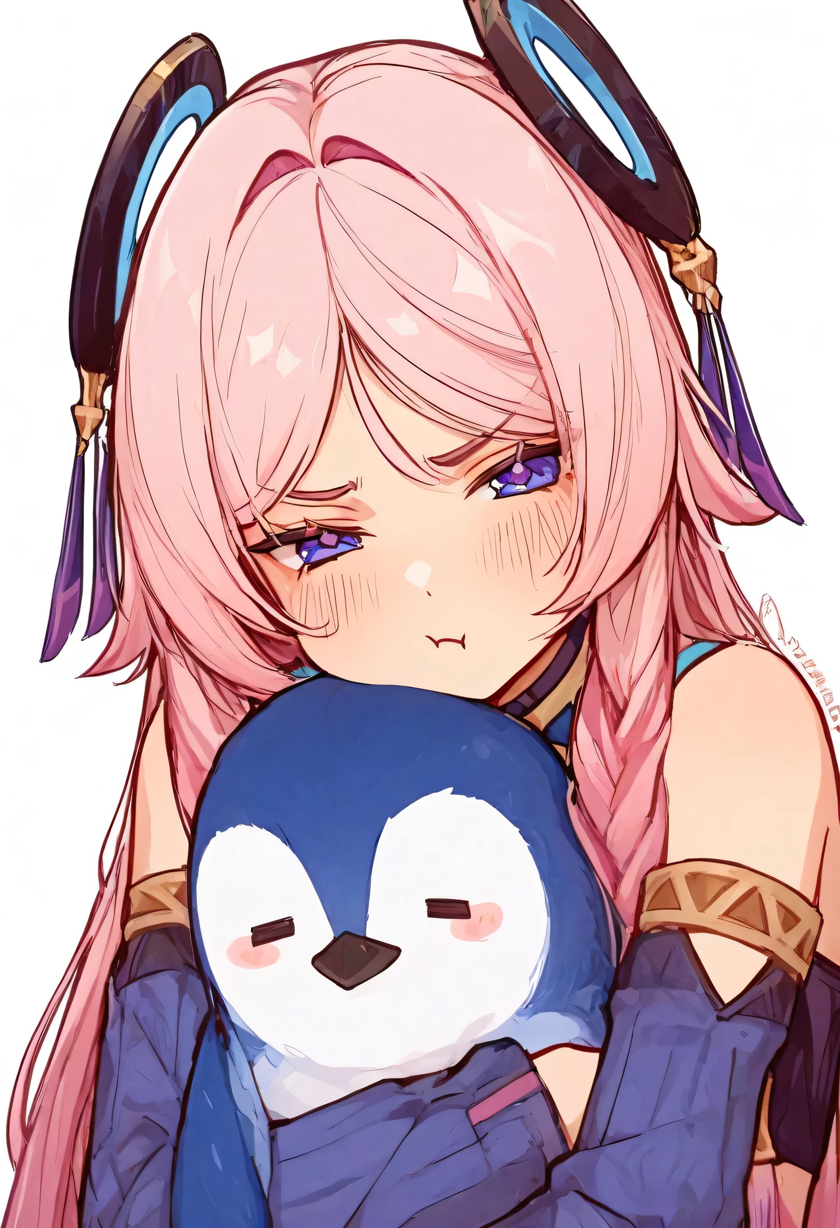 Citlali, genshin, pout, hugging penguin, pointing