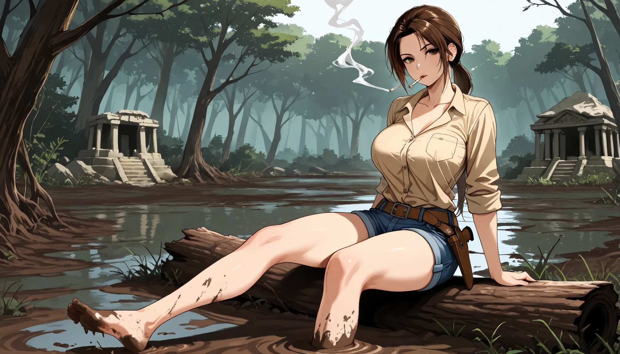 lara croft in button down shirt and jeans shorts sitting on log and smoking cigarette in the muddy swamp near ancient temple ruins, cute, sassy, lara croft, ((((beige button down shirt)))), (collarbone), (rolled up sleeves), breast pockets, (untucked shirt), bare legs, dirty feet, belt, holster, big breasts, muscular, looking at viewer, smoking, smoke, cigarette, swamp, fallen tree, mud, dirt, ancient temple, detailed