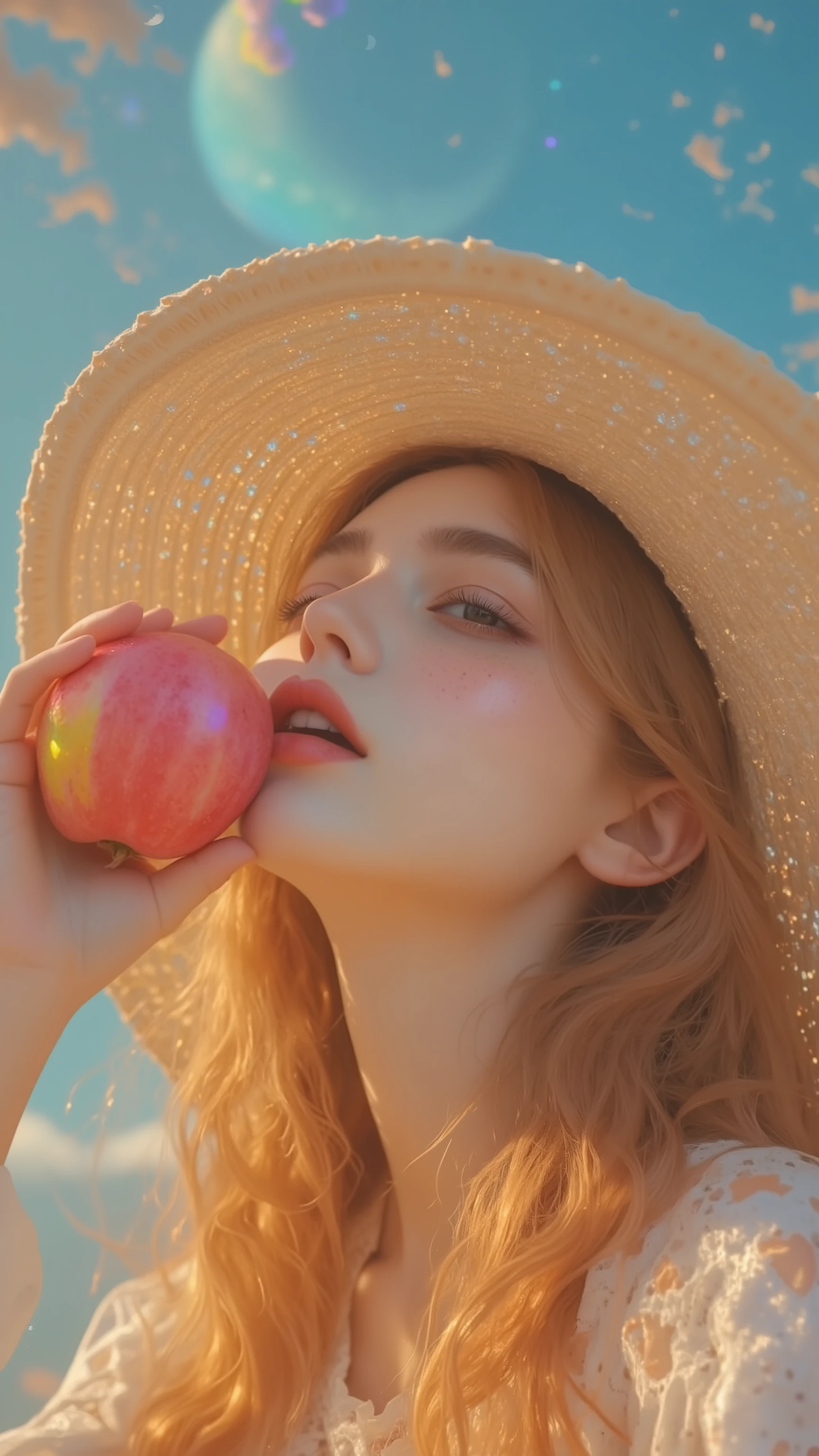 8k, masterpiece, highest quality, Korea's Beautiful Women, large cream sun hat, long wavy auburn hair, freckled face, biting into a colorful apple, dreamy sky background, crescent moon, vintage aesthetic, romantic painting style, soft lighting, ethereal atmosphere, whimsical composition, fairytale inspired, golden hour colors, detailed textures, high contrast, surreal elements, digital art