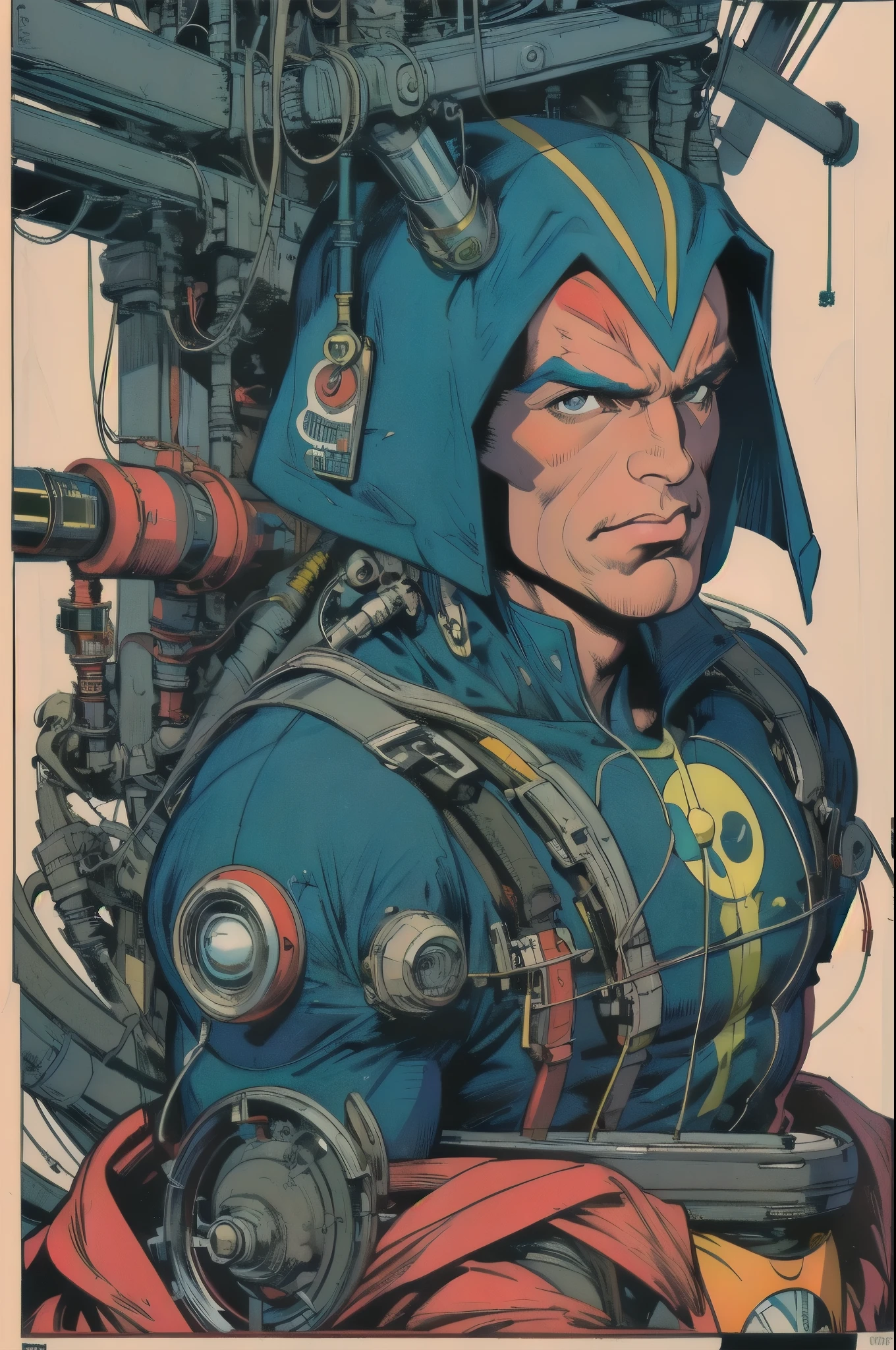 (((masterpiece,ultimate best quality))),(retro vintage movie poster),(((futuristic))),(((background: Incredibly Simple))),(((ultravoyager stranger man))),Complex wiring,Masculine muscles