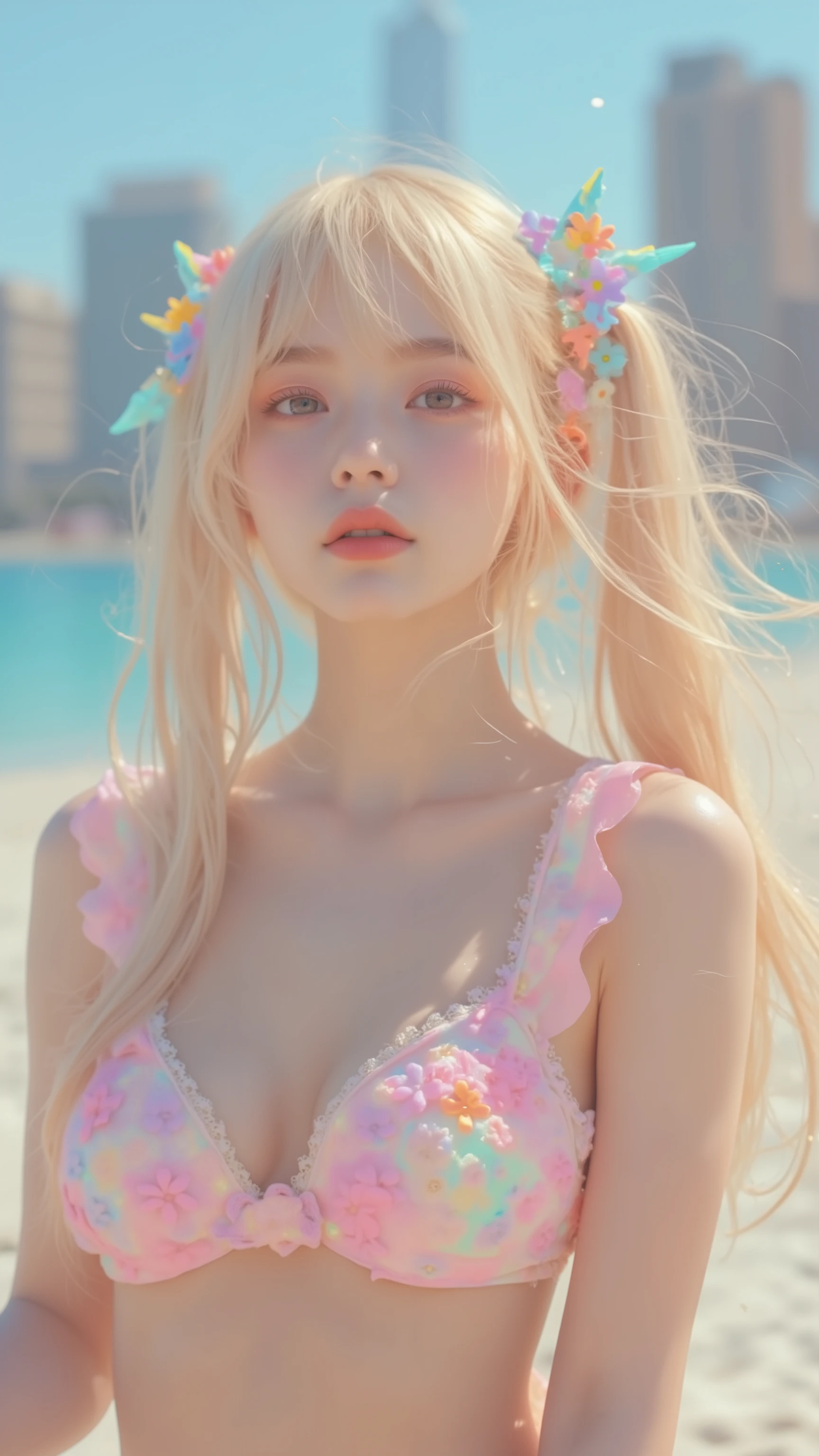 8k, masterpiece, highest quality,  Korea's Beautiful Women, Blonde woman on beach, pastel kawaii aesthetic, colorful hair accessories, floral jewelry, pink bikini, ocean background, city skyline, sunny day, like pose, pale skin, bangs, twintails hairstyle, plastic toy accessories, soft focus, dreamy atmosphere, manga-inspired style
