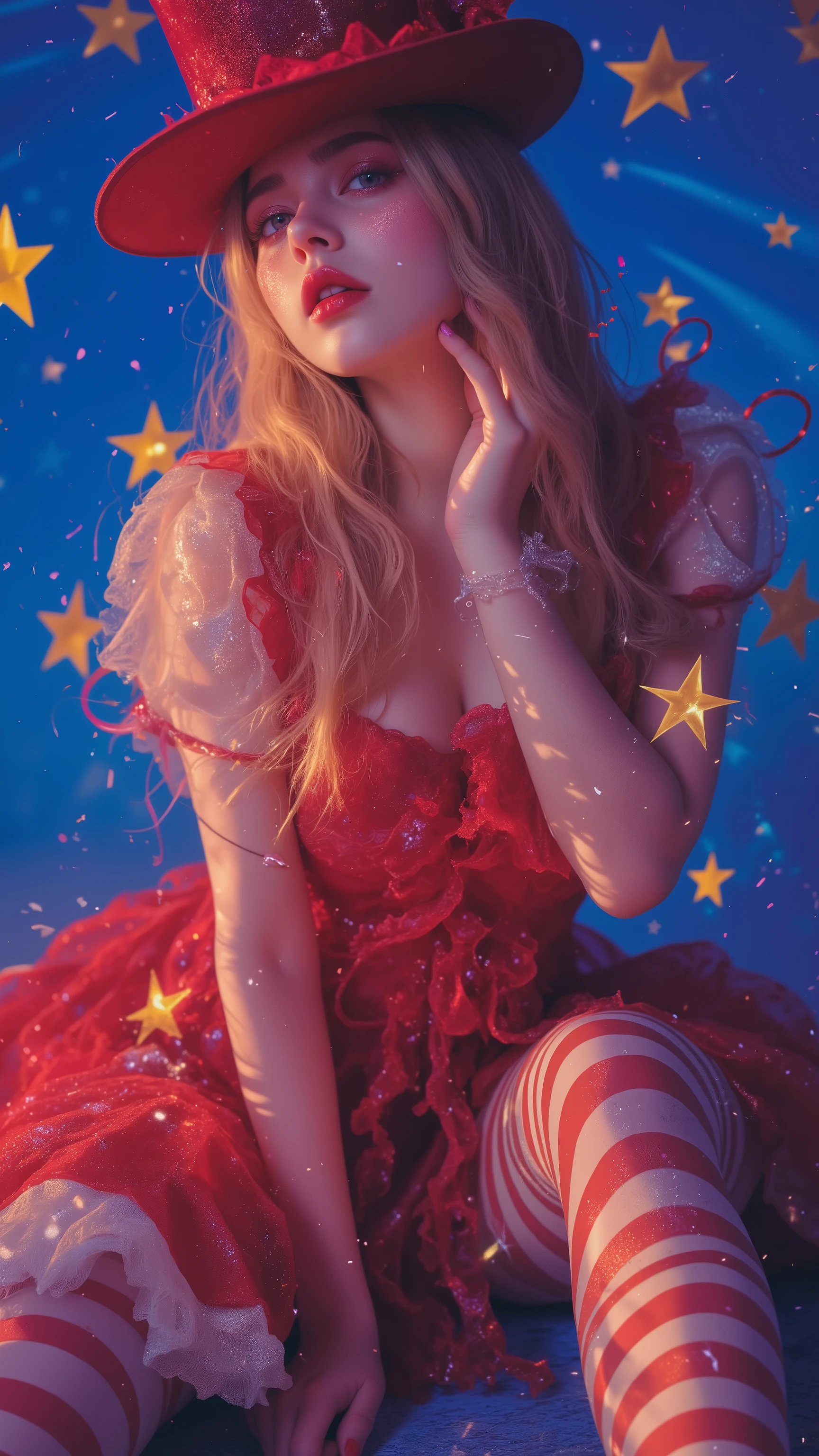 8k, masterpiece, highest quality, Korea's Beautiful Women, red dress, striped stockings, blue background with yellow stars, dreamy atmosphere, fantasy set design, vibrant colors, storybook illustration style, soft lighting, playful pose, Alice in Wonderland inspired, surreal photography, quirky fashion, starry night theme, hood nostalgia, theatrical staging, high contrast, stylized composition, fairy tale aesthetic, imaginative scene
