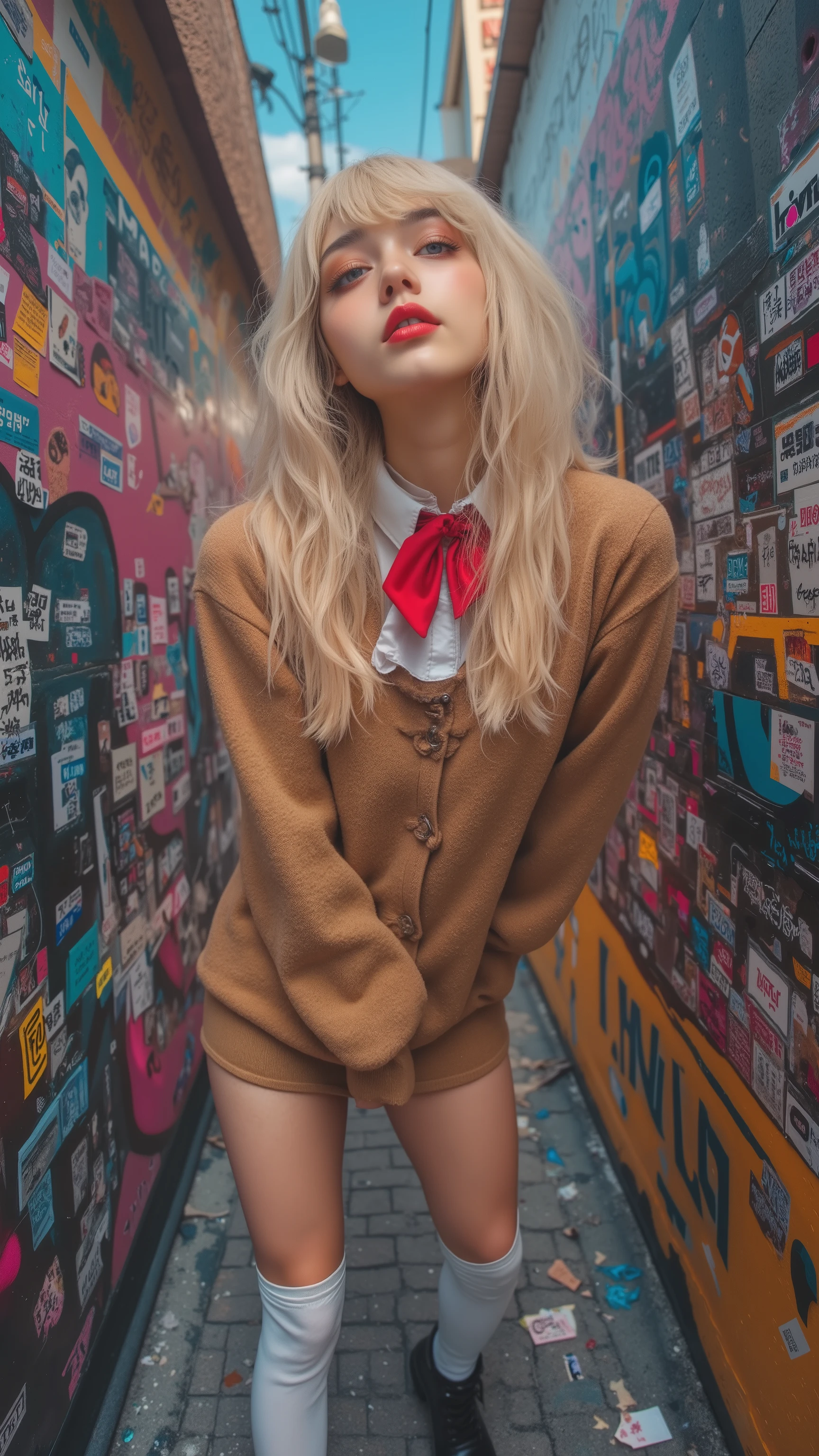 8k, masterpiece, highest quality, Korea's Beautiful Women, Urban Japanese street, cosplay schoolgirl, blonde wig, tan cardigan, red bow tie, white knee socks, fisheye lens perspective, graffiti covered wall, sticker-bombed background, vibrant colors, cluttered alleyway, cyberpunk aesthetic, Tokyo street fashion, wide-angle shot, dramatic lighting, gritty texture, anime-inspired reality