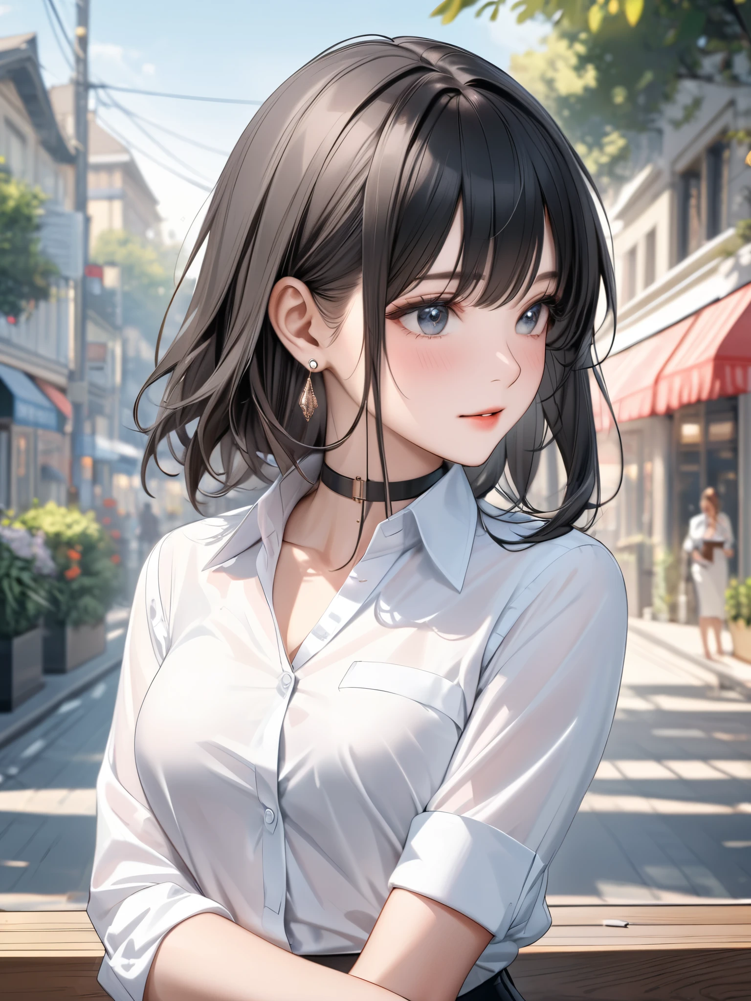 Anime girl with long black hair and white shirt sitting on a bench ...