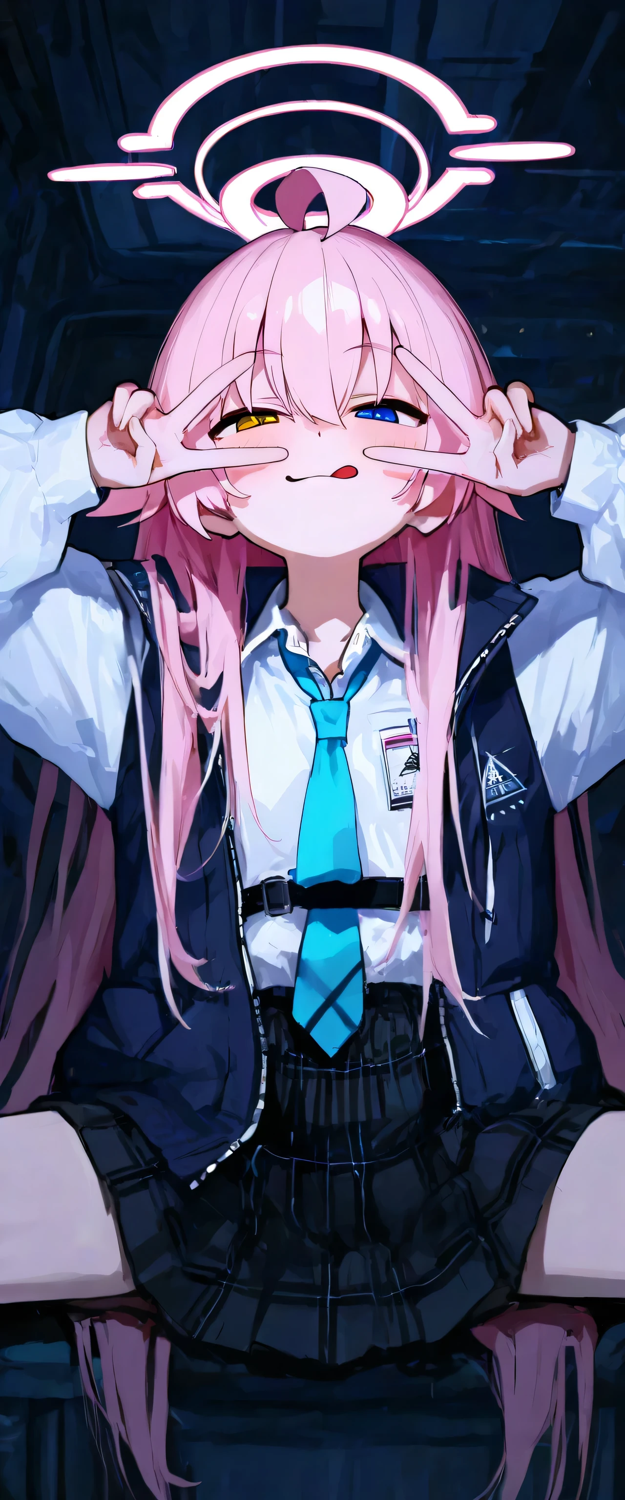  Hoshino Takanashi ,  Blue Archive,  smug , tongue, v over eyes, ( wide shot:0.5)