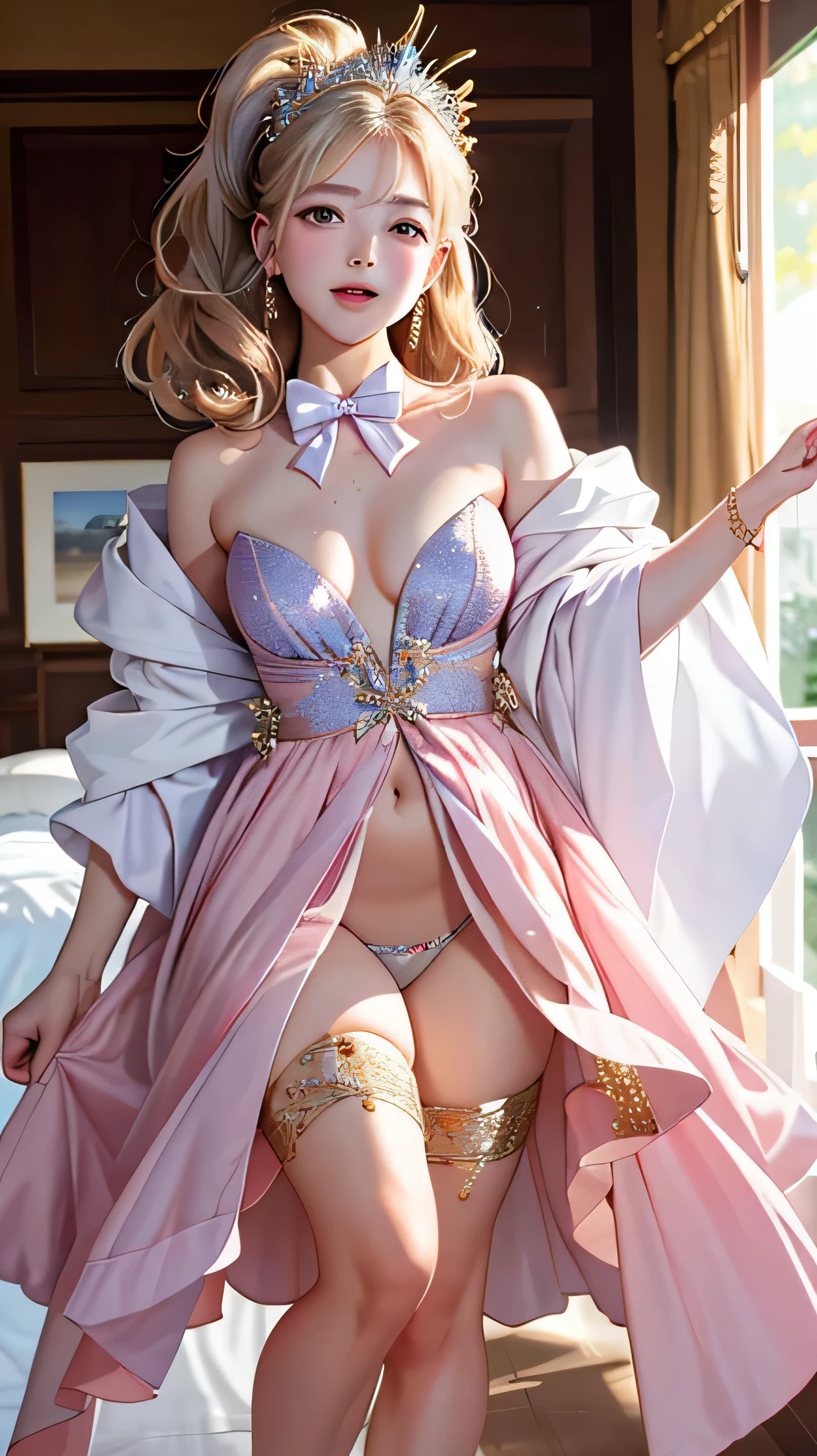 debris flies, highest quality, Highly detailed CG Unity 8K wallpaper, sexy witch , short hair、Dark blonde wavy hair、off shoulder knit, dark blue pleated skirt, stockings、medium breasts, saggy breasts, Pose that emphasizes the chest, blush, shy smile, bare shoulders, (((、open your legs wide、please open your knees)))、、nice magic book、church bed、lying in bed、stick out your butt、pink panties、pink good