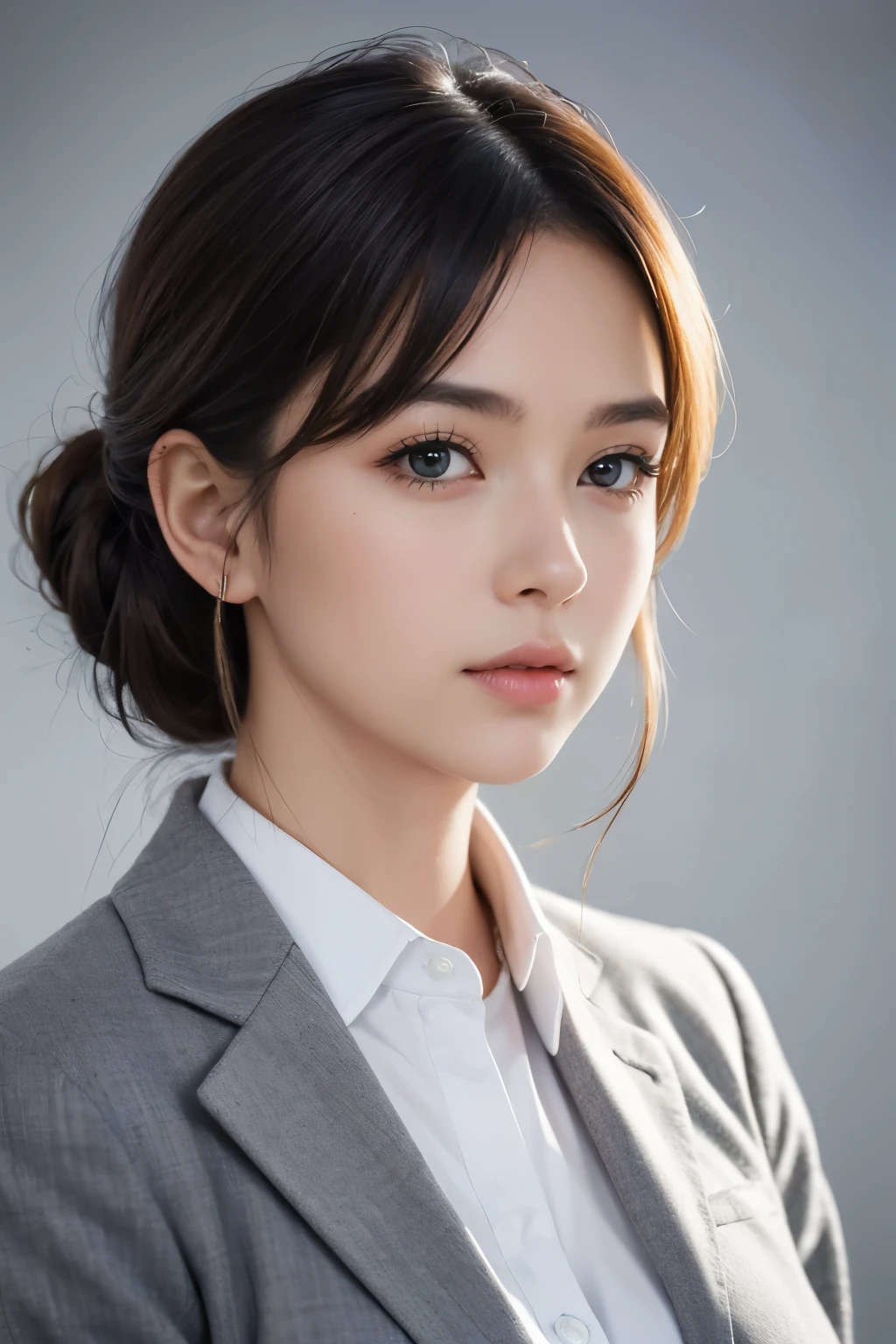tmasterpiece,Best quality,A high resolution,8K,(Portrait photograph:1.5),(Head close-up),(ROriginal photo),real photograph,digital photography,(Girls in the workplace),(Female president),20 year old girl,random hair style,By bangs,(green-eyed),Serious and obsessed with breasts, accessories,Keep one's mouth shut,elegant and charming,Serious and arrogant,Calm and handsome,(Women's professional attire),Photo pose,Realisticstyle,gray world background,oc render reflection texture
