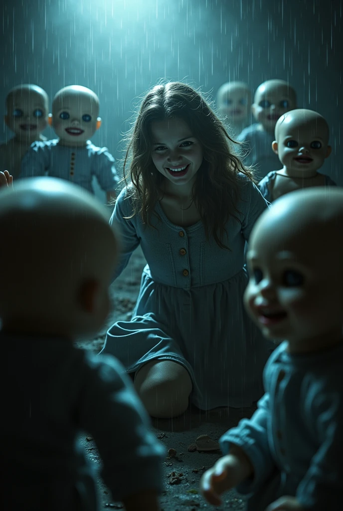 Generate an image of a female killer for an asymmetrical horror game
Her power will be to wield puppets to attack the survivors
She'll look scary but cute
Also design the survivor of this female killer