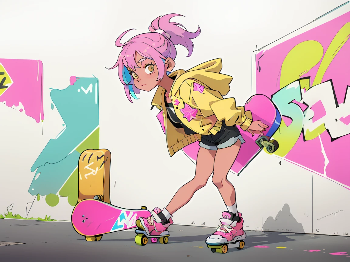 <lora:JackieLynn-10:1> 1girl, solo, smile, short hair, blonde hair, white background, sitting, green eyes, multicolored hair, shoes, shorts, socks, streaked hair, kneehighs, helmet, sneakers, freckles, raglan sleeves, skateboard
