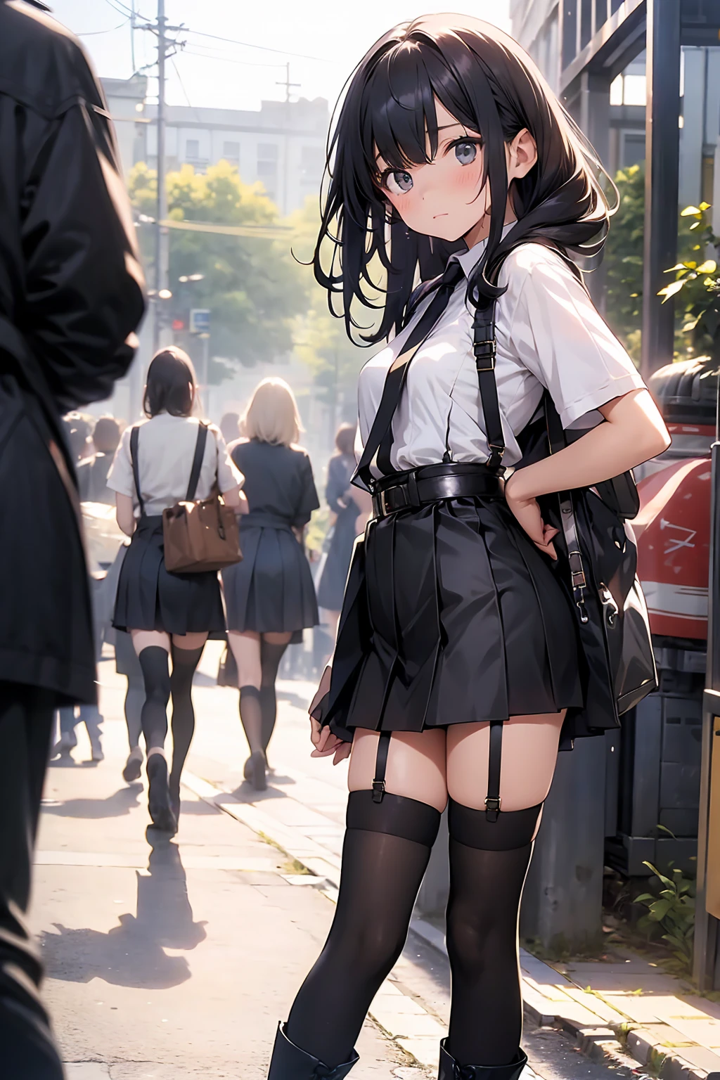 Brown Hair、Looking at the audience suspenders bulging big breasts Black mini skirt ガーターbelt Knee-high socks sight Small face bangs beauty Show your hand sight Black boots Taunt one person Dress shirt Panty shot Hands Behind Back put your Hands Behind Back your back Put your hands behind your back With your Hands Behind Back your back Armament holster Pistol belt