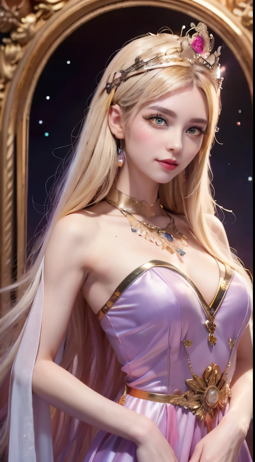 1 20 year old girl, 1 Goddess Athena, Pink and purple silk dress, The beautiful goddess Athena had no blemishes on her face, Delicate yellow dressing gown, Slim dressing gown,Paired with lots of sexy black lace details, Legend of the Saints, Goddess icon, Beautiful goddess style sparkling elegance, Dark and mysterious version, small, Well-proportioned crown, Red lips, No details, Very thin, Thin lips and beautiful lip details, Light magic, (Pure and perfect face: 1.9), Eucharist, Ultra-tight and rounded breasts, Phoenix brooch, Long bangs, (7 Rainbow hair: 1.9), Clear and beautiful face and well-proportioned eyes, (transparent yellow eyes: 1.8), (Big round eyes and detailed makeup, Very beautiful and discreet makeup, Very beautiful blonde, Light makeup, Long blonde hair, Makeup 1.8): drooping arms, realistic and vivid image, (Stars make up the sky: 1.7 ), (Heavenly skies and imaginary portals to time and space: 1.8), Fictional art, RAW photos, hanfu photos, best photos, high resolution, Best quality, best photos, Surreal portrait, Surreal photos of women, 8K quality, The best portraits of female saints, Single ladies jewelry, Color masterpiece beautiful, Upper body, Brand Tyndall effect, Realphotos, Dark Studio, Bezel light, Two-tone lighting, (Rose white skin: 1.4), (High skin detail: 1.1), 8K UHD, Digital SLR, high resolution, Soft light, High quality, High quality H, Smooth and sharp, 10x imaging, Sexy goddess, Sexy goddess: 1.8), (Beautiful eyeshadow background: 1.8), (Spacey's Eye, Background light: 1.8), (Space eyes, Soft background: 1.8), (Space eyes are best, Perfect eyes, Single Girl 1, Virgin and beautiful flowers,
