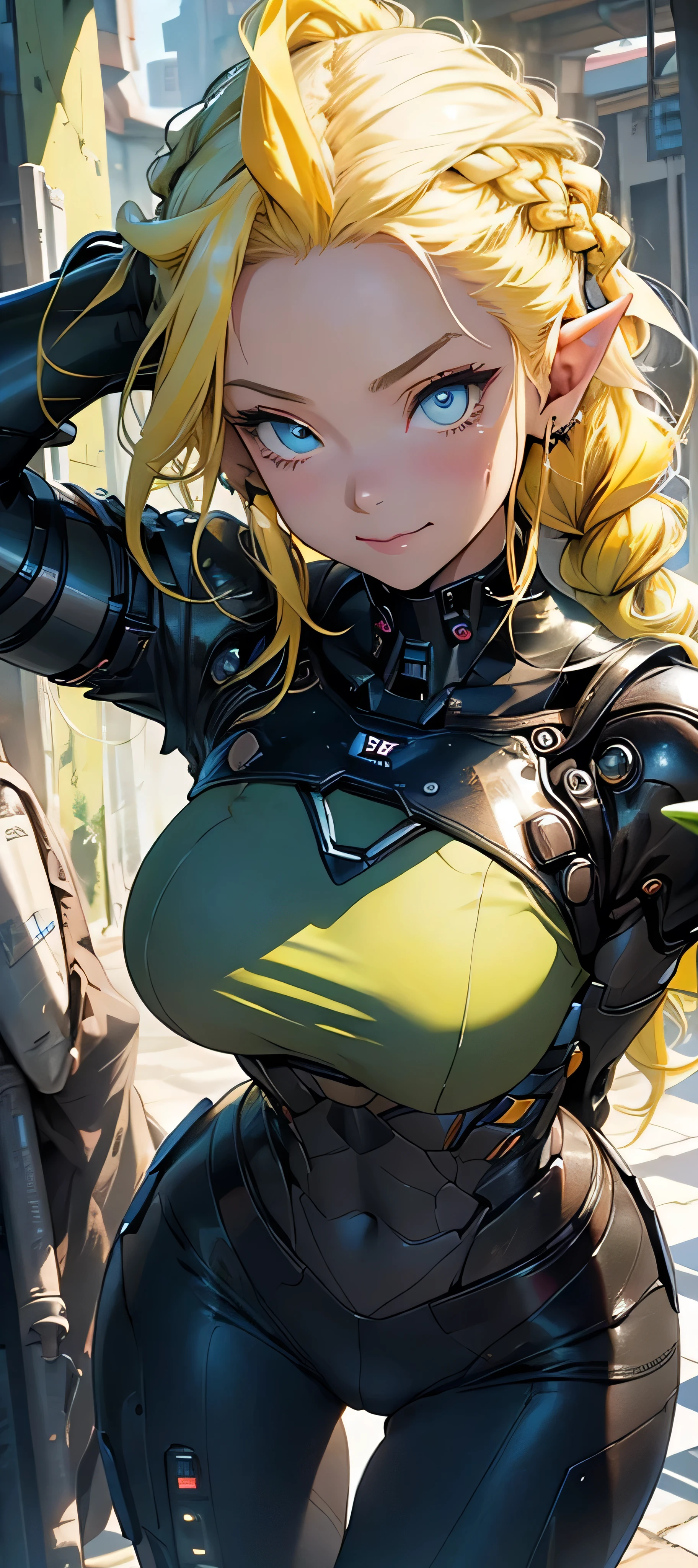 Highest image quality, outstanding details, ultra-high resolution, (realism: 1.4), the best illustration, favor details, highly condensed 1girl, with a delicate and beautiful face, dressed in a black and green mecha, wearing a mecha helmet, holding a directional controller, riding on a motorcycle, the background is a high-tech lighting scene of the future city.detailed eyes, detailed hands, detailed face, elf girl
