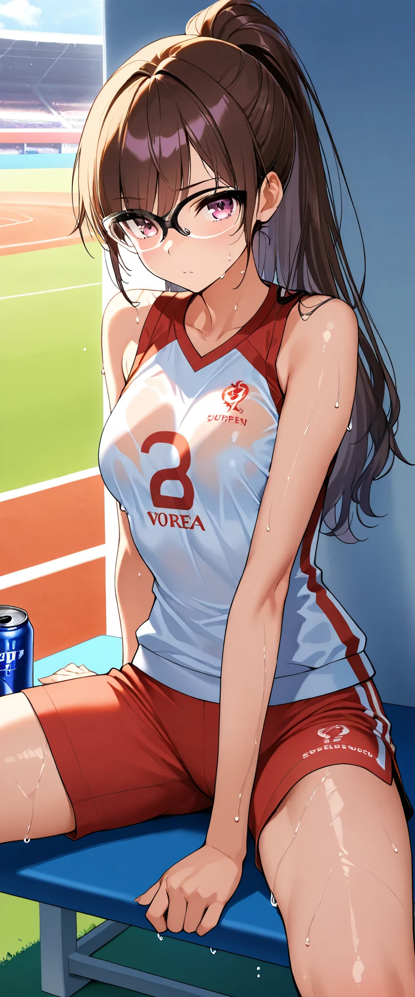 (((masterpiece)))、(( best quality))、( super detailed )、(CG illustration)、(Very beautiful woman))、 cinematic light from back、((1 Female))、 、(Beautiful and luxurious:1.2)、( One Woman :1.3)Sports Stadium,,((Sleeveless track and field athletes ), wet from sweat,Beautiful ponytail,Drink a sports drink,,Rokka,( can see through their clothes and see their bras)Glasses, skinny