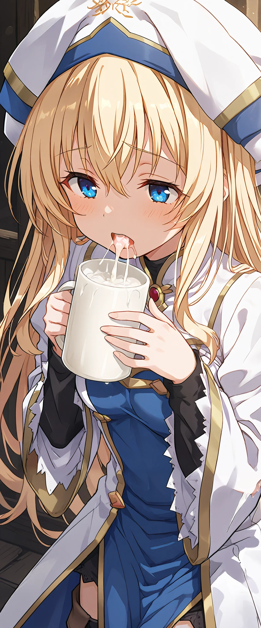 score_9, score_8_up, score_7_up, anime_source, priestess(goblin_slayer),blonde hair,blue eyes,hat,white headwear,long sleeves,hair between eyes,thigh boots,wide sleeves,small breasts,close eyes,upper body,(drooling:1.5),(orgasm:1.3),(Drinking milk from mug),(cum in mouth:1.5),pain,masterpiece,Noise Reduction,perfect anatomy,high resolution, ultra-detailed, ultra-detailed face,game cg,dutch angle ,beautiful detailed eyes,visualart,five fingers, perfect hands, perfect lighting,(highly detailed:1.5),