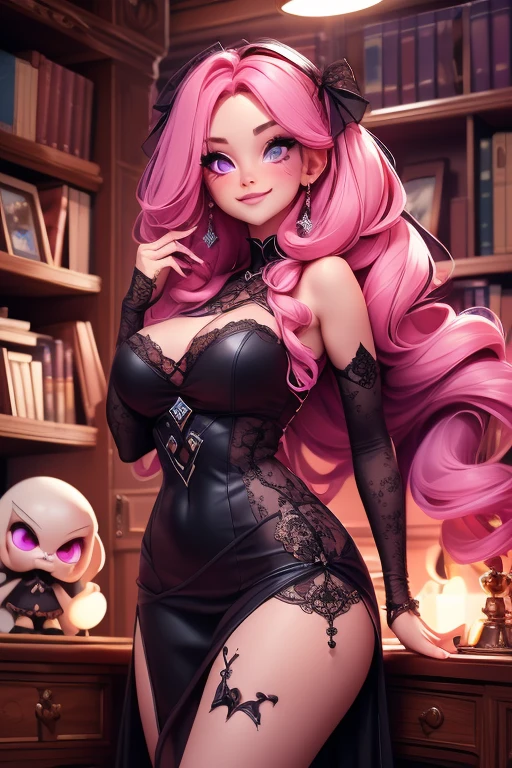 (((Fluttershy))), goth, ((my little pony)), (((detailed eyes))), (((mismatched stockings with heart print))), big perky butt, (voluptuous medium-large breasts), bra with print, serious dominant face, ((long goth lace dress)), (black eyeshadow, black big lips, spiked collar, long eyelashes, black nails, ultra detailed contours, lace sleeves), (((after sex journal posing:1.4))), (cutie mark), (glossy body:1.3)