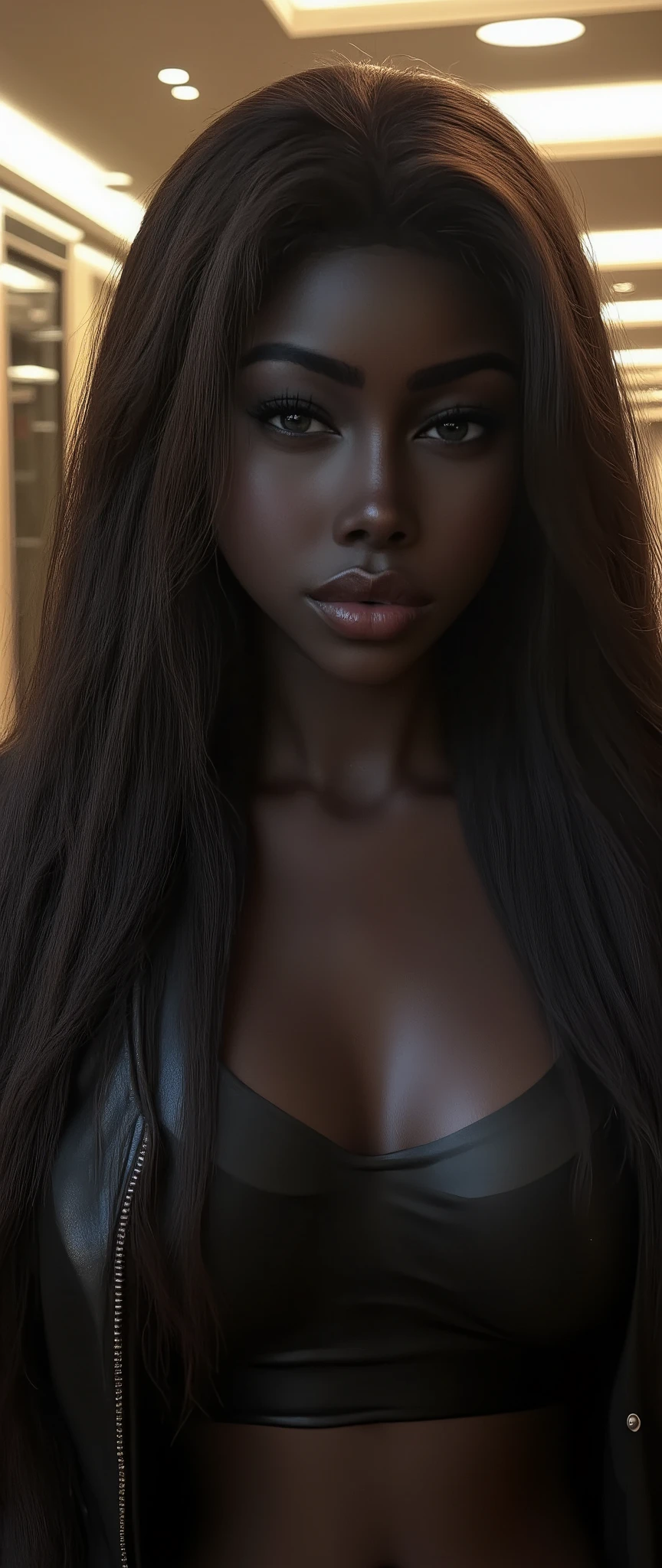 arafed woman in a black top and black jacket posing for a picture, she wears leather jacket, intense smoldering, inspired by Károly Lotz, victoria's secret model, high quality screenshot, rossdraws volumetric lighting, portrait shot, close portrait, photorealistic digital painting, rendered in corona, seductive smirk, 8k artgerm bokeh