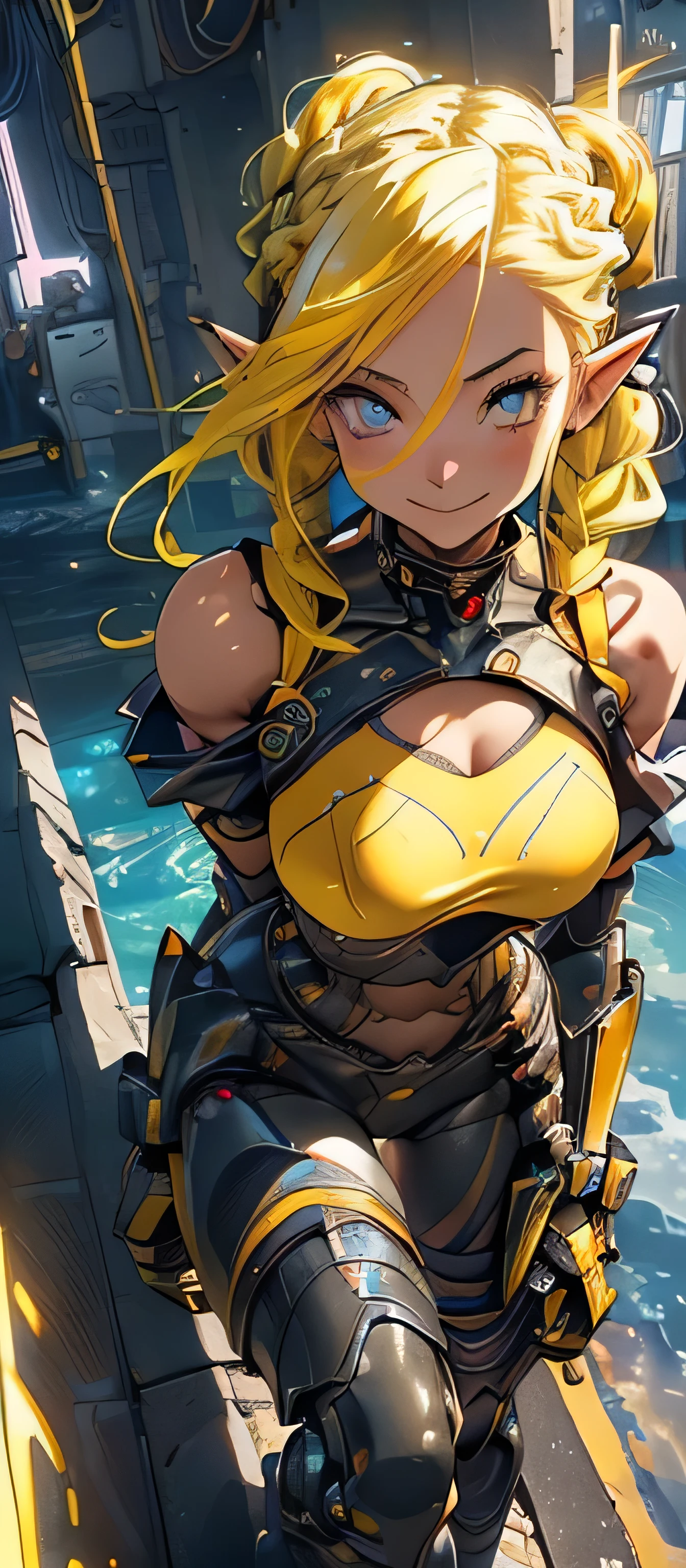 Smiling girl in a revealing see-through mechanical micro bikini in yellow and orange with shiny wet skin,Gal-like ponytail,Fully transparent glass texture micro bikini armor,水色ライトの透明なMechanical Armor,(Highest quality),(8k),Mechanical Armor,Show all,(Thinly visible genitals),Accentuated breasts,Mechanical firearms equipment,Eyebrows rise,Bullish expression,Blonde,Don't blush,Laugh with your mouth closed,Standing on a white floor,White background,(Show the whole body),View your viewers