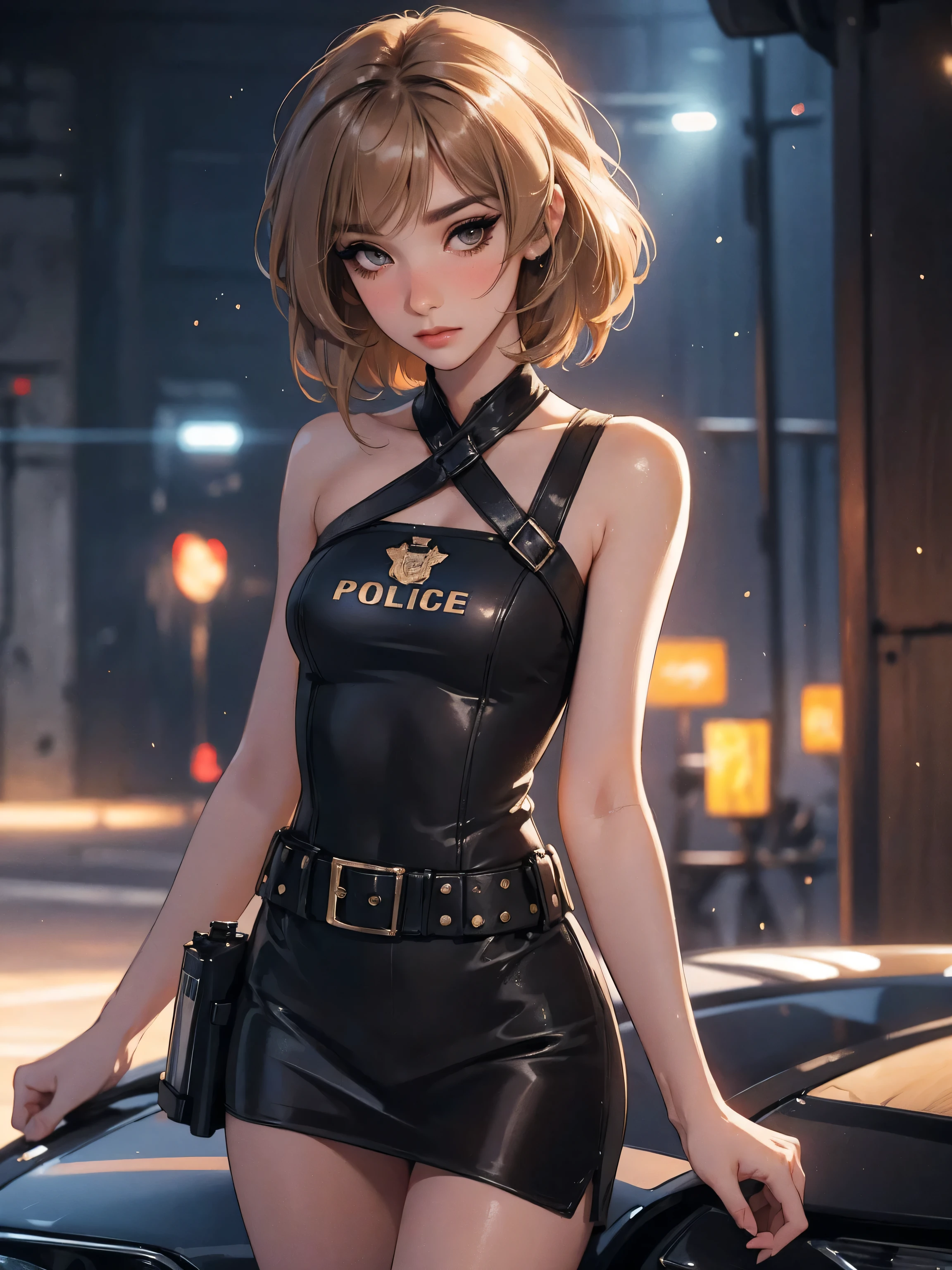 age girl-model 1, (only 1 girl), beautiful, light brown hair, (shoulder length hair), , short glossy hair, pretty eyes, beautiful figure, beautiful long legs, , top quality, highest quality, pin-up style, (((sexy police uniform,))), , dark makeup, small brests, skinny, slender body, ((mascara, eyeliner, nose blush))),, ninjartist style