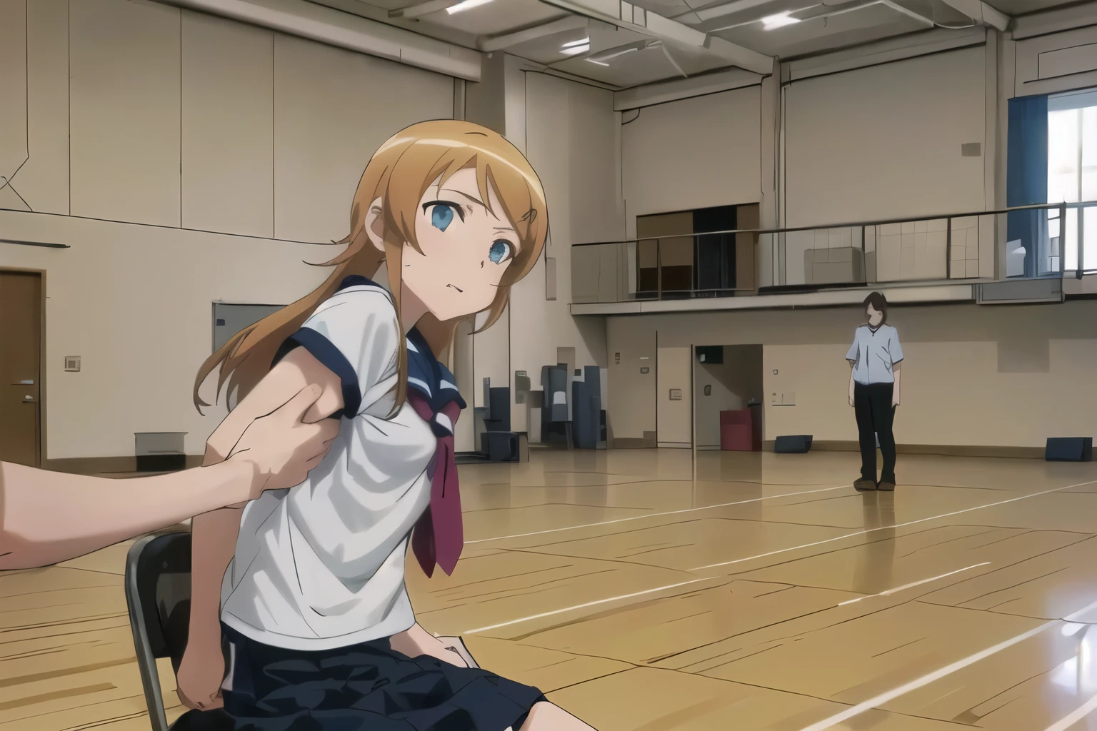 Anime image of a woman sitting on a gym chair , From the TV anime, Official Studio Anime Stills , official anime still , Kyoto Animation, In anime movies, screenshot of the anime movie , Today's anime stills, in the high school gym , SHIROBAKO , A still from the anime, Railgun, anime girl crouching