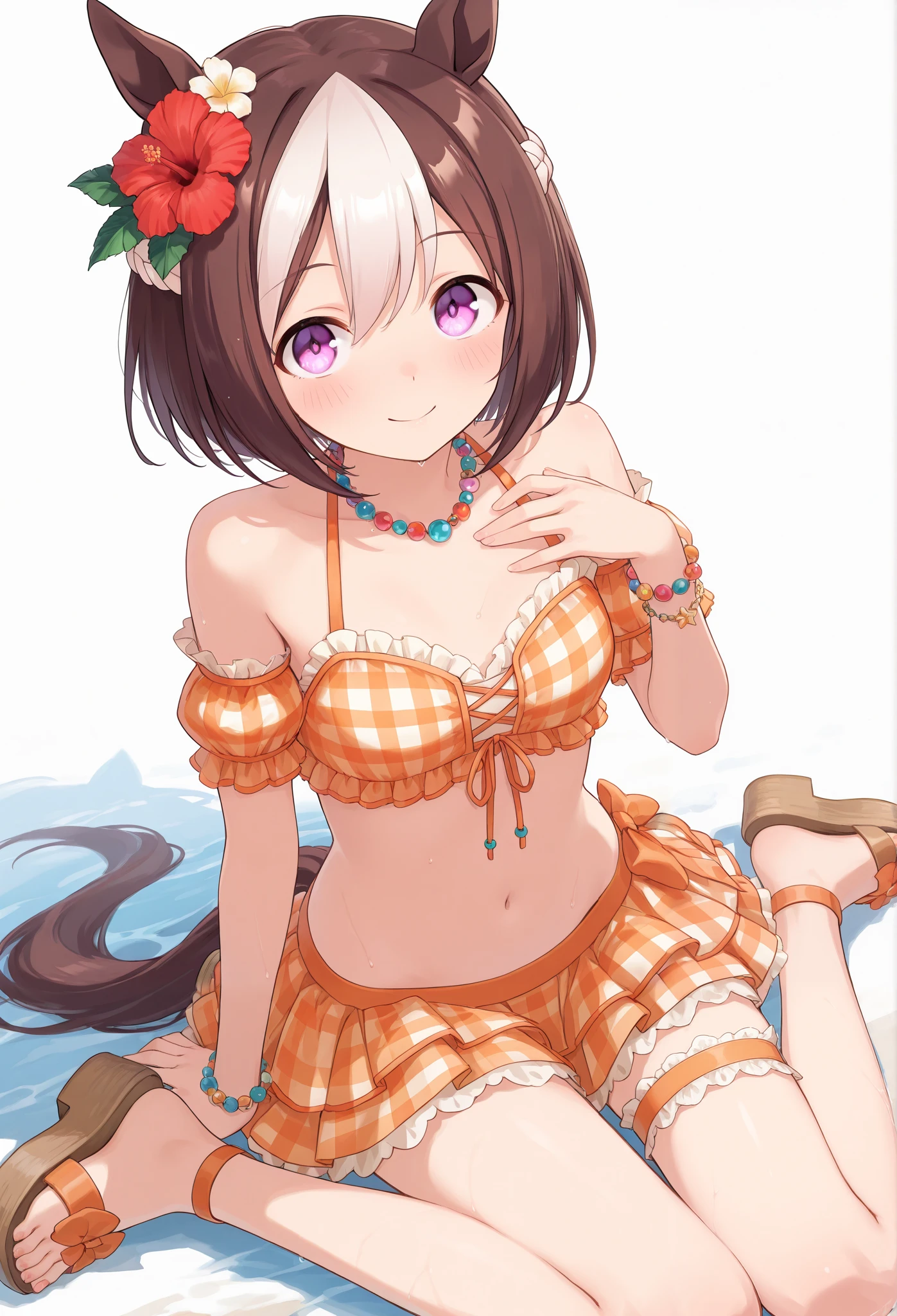 (NSFW:1.5), (realistic, photo realistic:1.2), ((highest quality)), move the center of gravity backwards, pretty embarrassing, hokko tarumae \(umamusume\), Purple eyes, barefoot, White bikini, (Red frill:1.2), horse tail, Sit on the beach, spread pussy, spread legs, knees up, beautiful face details, real human skin, gentle expression, realistic, photorealistic, cute, whole body, Smile, natural smile, charming smile, enchanting smile, From front, from below, (wind:1.1)