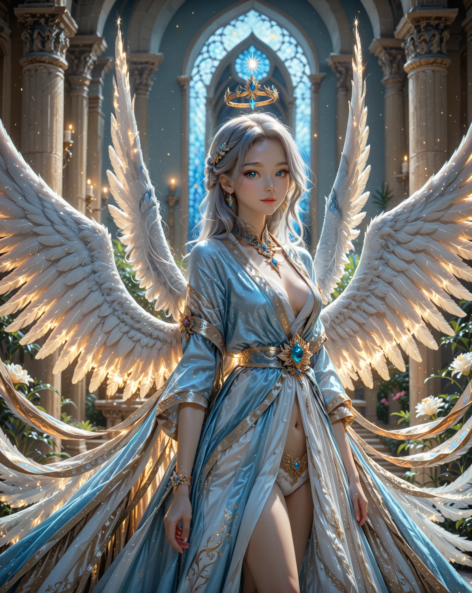 (masterpiece, best quality, photorealistic, highly detailed, octane render, unreal engine, 8k HD, hyper-detailed, realistic skin texture, best quality, ultra high res, raw photo, dramatic lighting, unreal engine, diffuse glow, dynamic pose), A female archangel with beautiful features would likely have striking, ethereal looks that would inspire awe and wonder in anyone who beheld her. She might have piercing blue or green eyes that seemed to glow with an inner light, framed by long lashes that brushed against her delicate cheekbones. Her skin might be porcelain pale, with a soft, rosy blush that highlighted her high cheekbones.
Her hair might be long and flowing, with strands of gold or silver that shimmered like starlight in the sun. It might be styled in intricate braids or loose waves that cascaded down her back, or perhaps pulled back into an elegant updo that showcased her graceful neck.
Her wings would be magnificent, with feathers as white as snow and shimmering with an otherworldly light. They might be large and imposing, giving her an aura of power and majesty, or perhaps delicate and intricate, reflecting her refined and elegant nature.
In short, a female archangel with beautiful features would be a vision of divine beauty, radiating grace, power, and wonder in all who beheld her