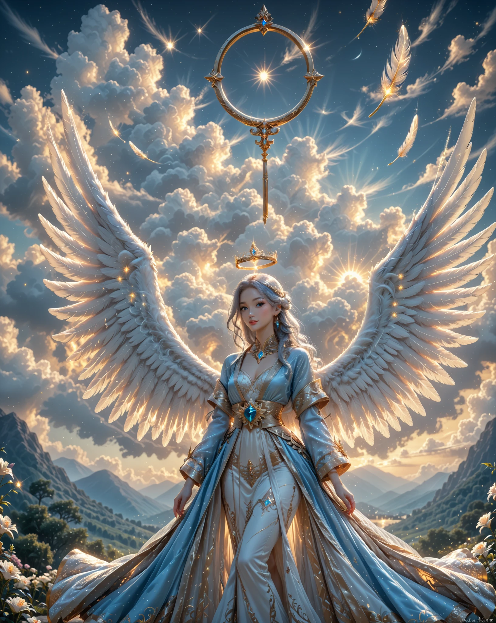 (papel de parede 8k extremamente detalhado), uma pintura realista de um Anjo com rosto detalhado e perfeito, with detailed wings amid the clouds of the burning sky, intrincado, alto detalhe, Dramatic