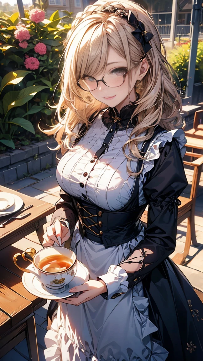 (best quality, masterpiece), (ultra high resolution, 8K RAW photo, photo realistics:1.5, cinematic lighting, textile shading, thin outline, clear focus:1.2), Beautuful Matured woman preparing tea_party in the garden, standing by the round table, serving a cup of tea, leaning forward, (meisen's tea set, tea pot, tea cups, some cakes on dish), delicate and classy French style white table with gold accents and royal_blue, (wearing brown maid uniform:1.5, breast cleavage, maid costume:1.2, long flare skirts, apron, bow ties on the chest), long tall sally, long legs, white hair, (wearing thin-flame glasses:1.2), (milf:1.5, 28 years old, solo), (large breast, sagging breast, big tits, narrow waist), (medium short white hair, hair over one eye, (updo hair:1.2), side lock, asymmetric hair, wavy hair), (fine bright pupils, high detailed eyes with highlight:1.3, high detailed face, Perfect face shape, eye rush), (seductitve smiling, half-closing eyes:1.2), (looking at viewers:1.3), (dutch angle, full body:0.7, from below:1.2), ((correct anatomy:1.5, correct hands)), (ideal ratio of body proportions), (outdoor:1.2, grass field), 