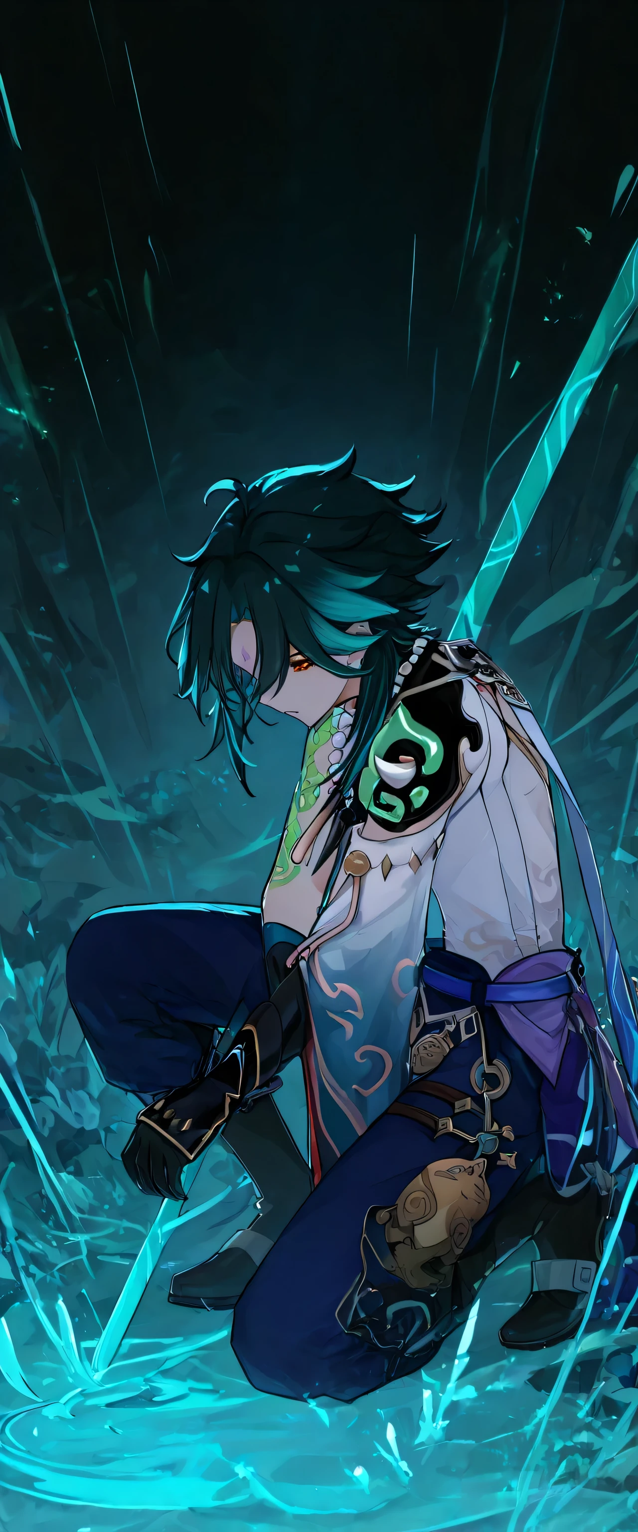 Xiao, genshin, on one knee, 