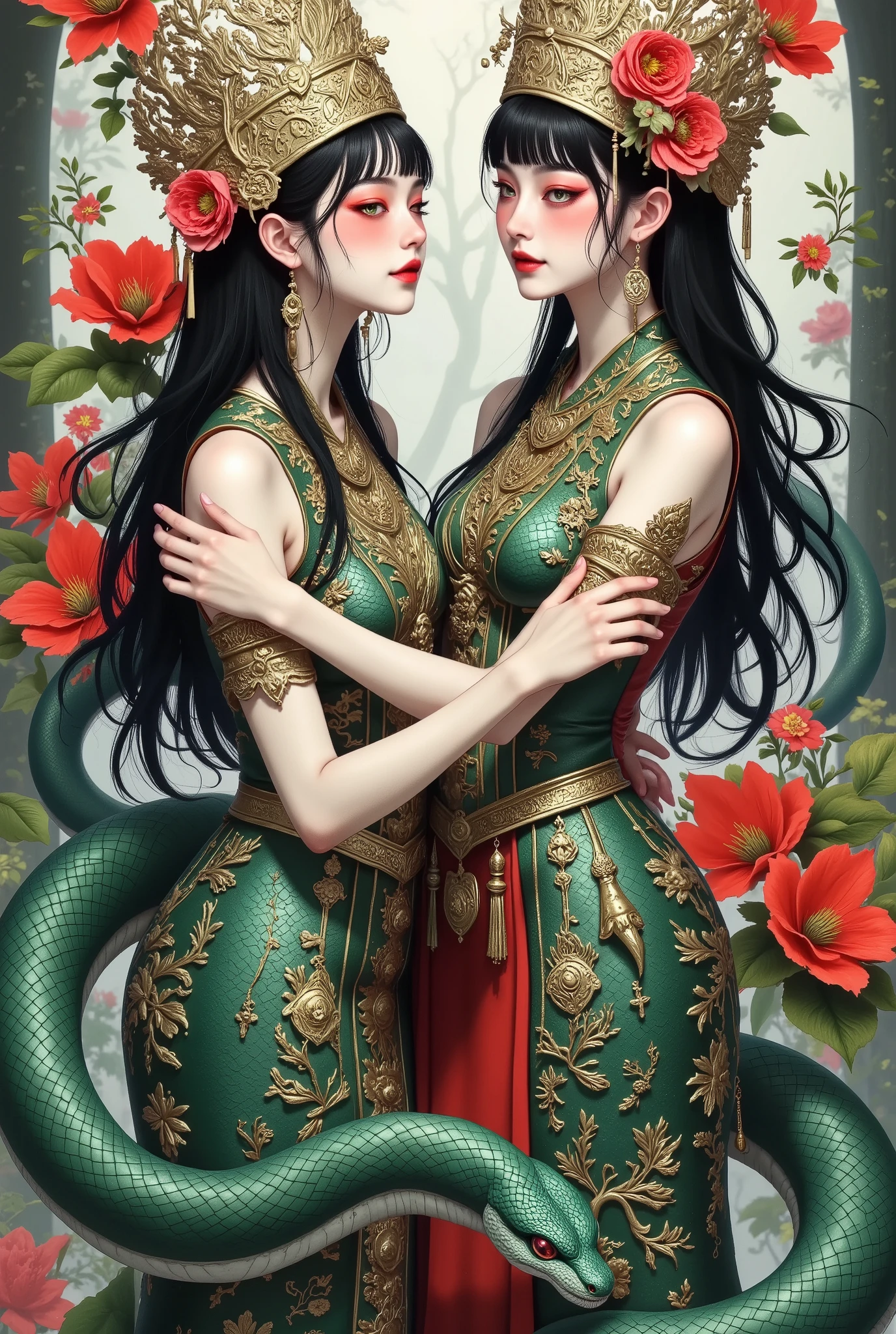 Two women in oriental costumes with snakes and flowers, An extremely detailed painting by Yang Jianjun, is popular on the CG Society , Fantasy Art, Beautiful Gemini Good Evil , Snake Woman hybrid, Snake Queen , Snake Woman, dark Snake Queen , wlop and artgerm, Her many snakes are like hair , Lady with a snake face
