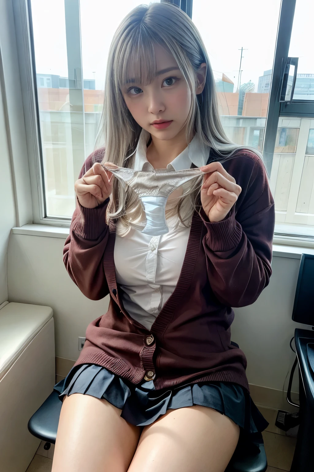 best quality, masterpiece, super high resolution, (reality: 1.4), original photo , female 1 person, mature, Movie Lighting , The exact number of fingers 、Exact number of legs、(The exact number of arms:1.0, Exact number of steps:1.0), ( perfect hands, perfect anatomy),, reality, High-definition CG, Private room、 Coming to 、(School Uniform、 pleated skirt 、 Cardigan 、 Silver Hair, long hair, Big Breasts)、 (( woman showing off her panties:1.3)), ( school uniforms, , pleated skirt , ), , Embarrassing, , ( embarrassing expression :1.4), (smile:0.4)、 angle from the front,( It's right before :1.5)Grey Hair, big breasts, Silver Hair,