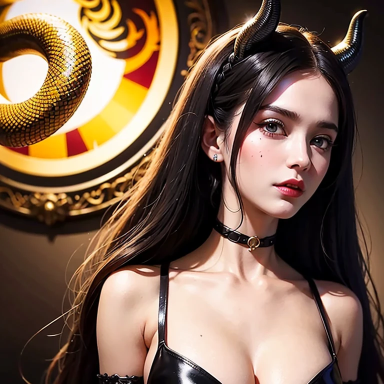 (masterpiece), (best quality), (detailed), light layer, lustrous skin, (intricate detailed , taut clothes, , demon wings,hair ornament :1.2), from above, black hair, black choker, long hair, hime cut, woman, blunt bangs, sidelocks, red eyes, holding quarterstaff,holding scythe,holding sword, (mature female:1.1), [uncensored, NSFW, nipples], side-ponytails  (simple background:1.1),  big breasts and slender body 