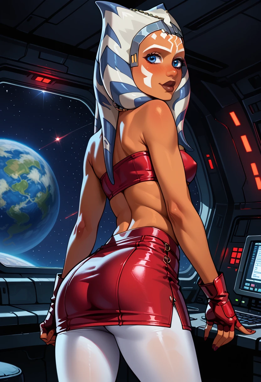 1girl, busty, gigantic breasts, masterpiece, best quality, high-definition, ((red skin), twi'lek), evil space knight, space ninja, (topless), panties,  ((busty)), slender body, thin, slim sexy body, slim waist, (((huge breasts)))), sexy big tits, futuristic apartment,, Star Wars,