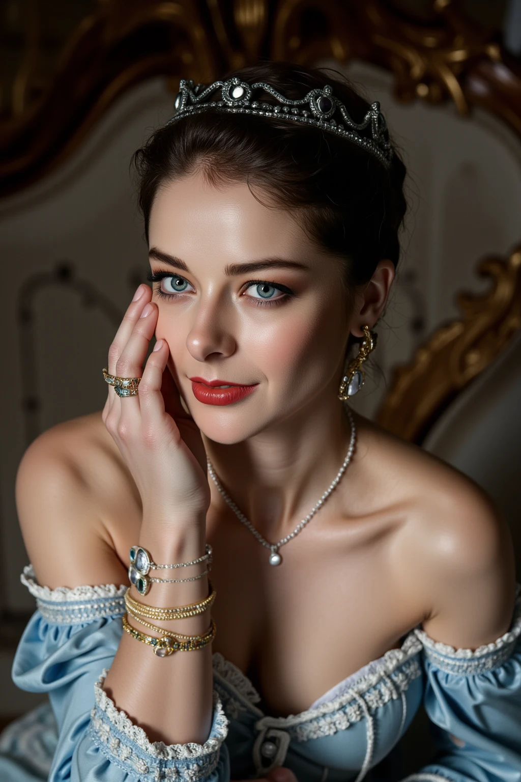 "Portrait complet du corps d'une charmante fille aux cheveux bouclés, chiffre, Beau visage, yeux bleus captivants, et grande taille de buste, mettant en valeur sa beauté naturelle.",30 year old elegant girl portrait, Russia, beautiful face, perfect face, surreal, photo-realistic, skinny Model Body Type,((big breasts cleavage:1.2)), (thick eyeliner), (eye shadow),(red lips), ((blush)), ((pointy nose)), ultra detailed cg 8k, beautiful cg, soft light, necklace, earrings, slender face, ((light blue eyes)), (smile),armlets,busty stewardess dressed in navy blue retro Prosecutor uniform, short tight skirt, in the airplane,