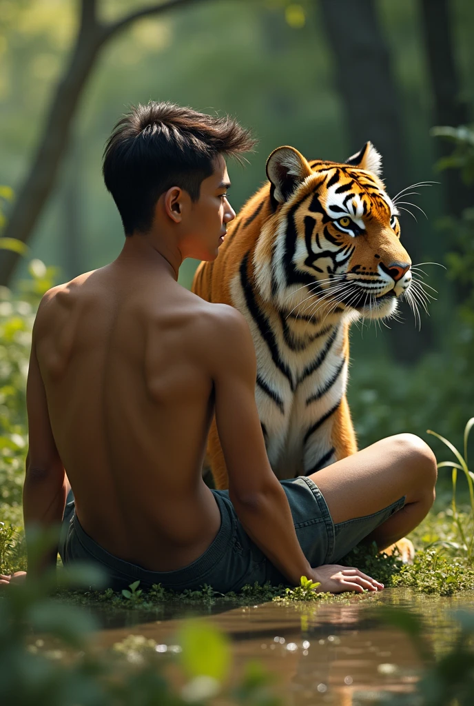 (absurdres, highres, ultra detail), 1 man, handsome, tall muscular man, Korean style hair, best ratio of four fingers and one thumb, best light and shadow, back alley background, unbroken sunlight, sitting,white Tigers gathering next to him, dappled sunlight, daylight, depth of field, plants, summer, (Dutch corner), closed mouth