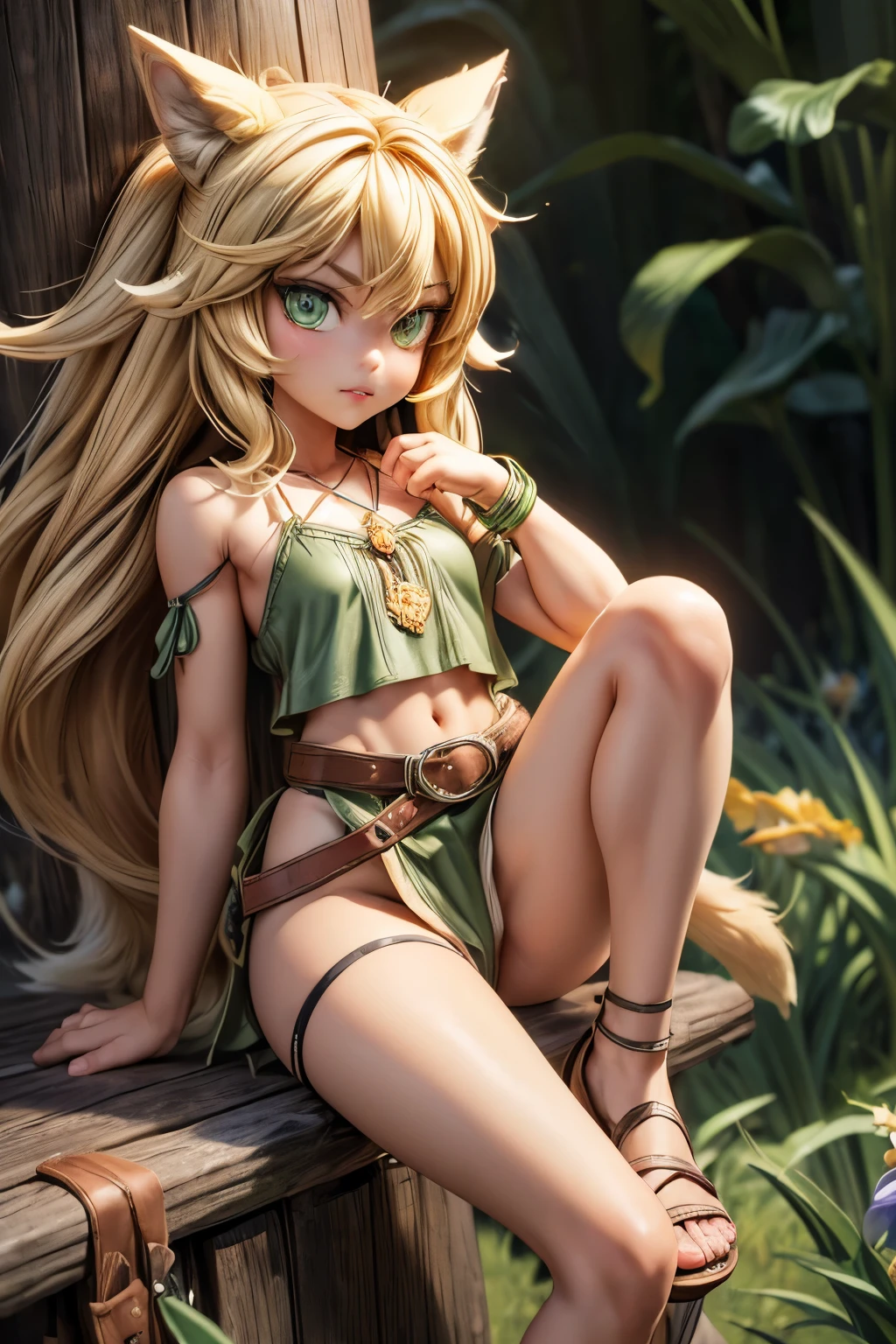 swimsuit photography, portrait, linkle, twin braids, green capelet, hood, leather gloves, bikini, thigh boots, choker, blonde hair, blue eyes, smug grin, sitting, beach <lora:hyrulewarriors_linkle-11:1> <lora:Mantis_Style:.9>