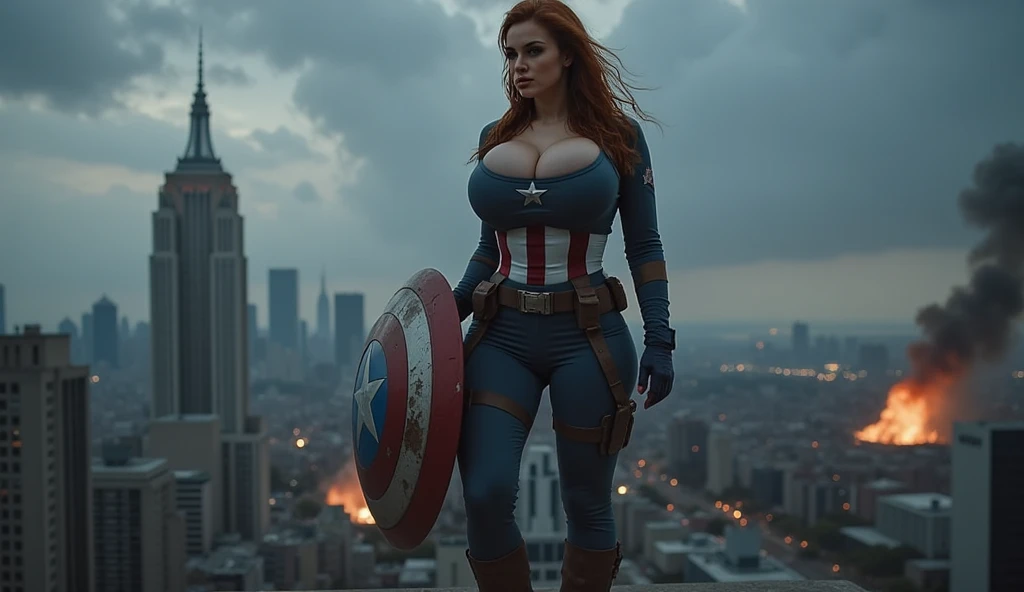 nsfw, nude,low angle worms eye pov looking up at Viktoriya Sasonkina as captain-america (standing holding her shield) on a mound of rubble debris back view of blonde precocious 18 yo teenage beautiful blonde model pornstar raver-girl Viktoriya Sasonkina as captain-america with very large breasts wearing a sky-blue skin-tight latex turtleneck croptop, protruding nipples, showing underboob, bare midriff
red latex opera gloves, the croptop should be see-through skintight and have a large 5 pointed white star symbol in the middle.
tiny barely-there reverse-thong skintight latex cameltoe microbikini with vagina pussy lips detail with a ((thick 6 inch wide heavy duty gold leather utility belt slung low on her hips)) showing her beautiful smooth shaved pussy. she has ultra-pornstar eyeliner mascara eyeshadow lipstick make-up.
red thigh high stiletto high-heel latex boots, holding a large captain-america shield on her forearm blocking water spray splashing on her sheild. iconic superhero pose ready for action, fighting, jumping, 911 wtc, collapsed building, huge explosions in the background warzone, attacking ultron robots, rainstorm, warzone, rubble, steel and concrete debris