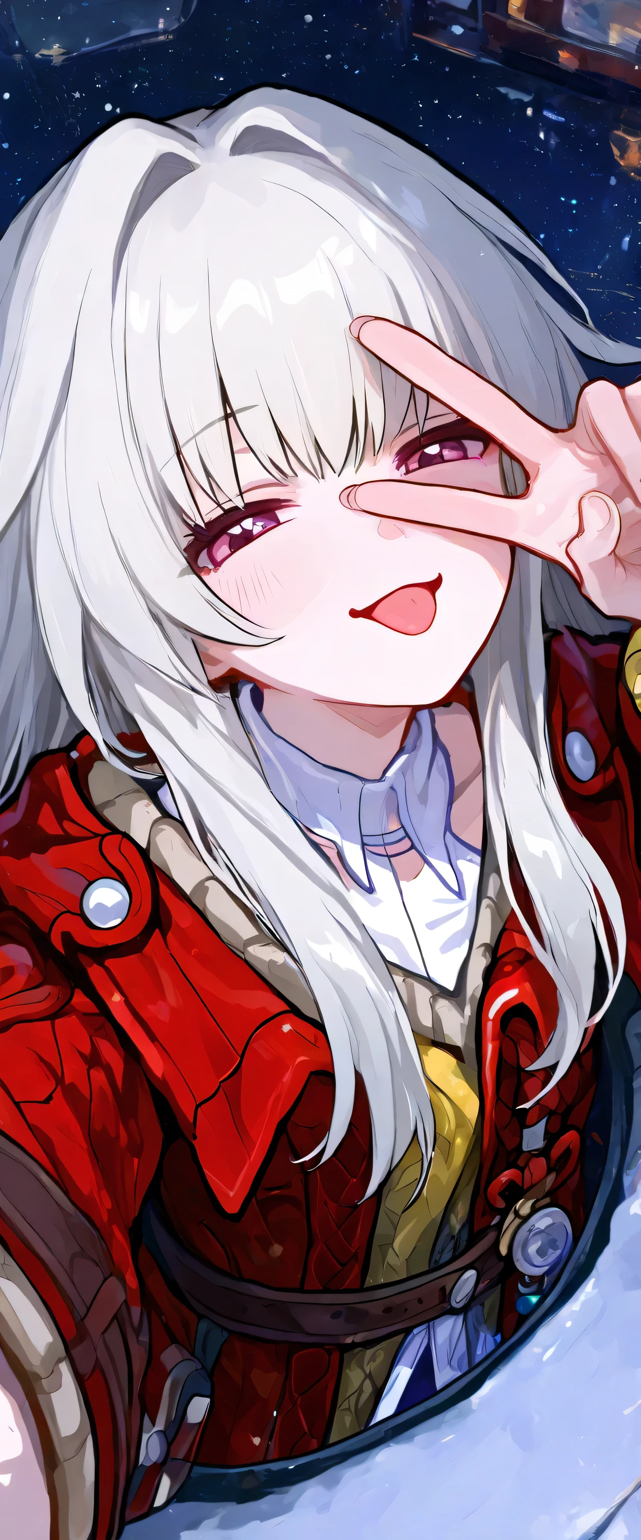 Clara, Honkai star rail, smug, tongue, v over eye, (wide shot:1.2), upper body, selfie, from above