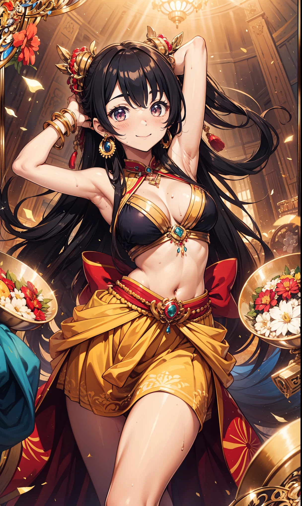 Japanese cartoon , woman, Two twins , pale , illusory gold , spiritual world , shiny glitter eyes , bright colors ,Holy, Human goddess ,,Star decoration, extremely detailed ,cosmetic, inscriptions on the body , Kingdom of God ,Colors of Heaven , rosy cheeks , Long skirt , Paintings on the face and shoulders, India accessories ,Mandala,ring, hoop earring , perfect face ,armpit,armpit sweaty masterpiece、 higher image quality 、 Ultra High Resolution 、***Ites , Twin ponytails, Smile, very long hair ,