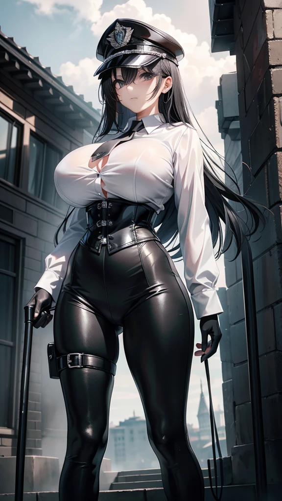 Masterpiece, Best Quality, (perfect anatomy,realist:1.3, view from front,  facial focus,(without looking at the viewer:1.2),  (1 girl in:1), 1 woman, (big breasts:1.2), sexy body, thin waist, Attractive front curves, round and soft chest, disgusted face,  (black fur:1.6, long hair), evening, Heavy Rain, exterior, City, crop top, he wears transparent glasses, choker 1:6, (White long sleeve collar shirt:1.4), (corset　black leather), black gloves covering up to the elbow, (shiny black leggings), blood stains, Dark alley, blood splattered on the floor, bright red light, bright Eyes, depth of field,  night sky, Atmosphere, perfect hands