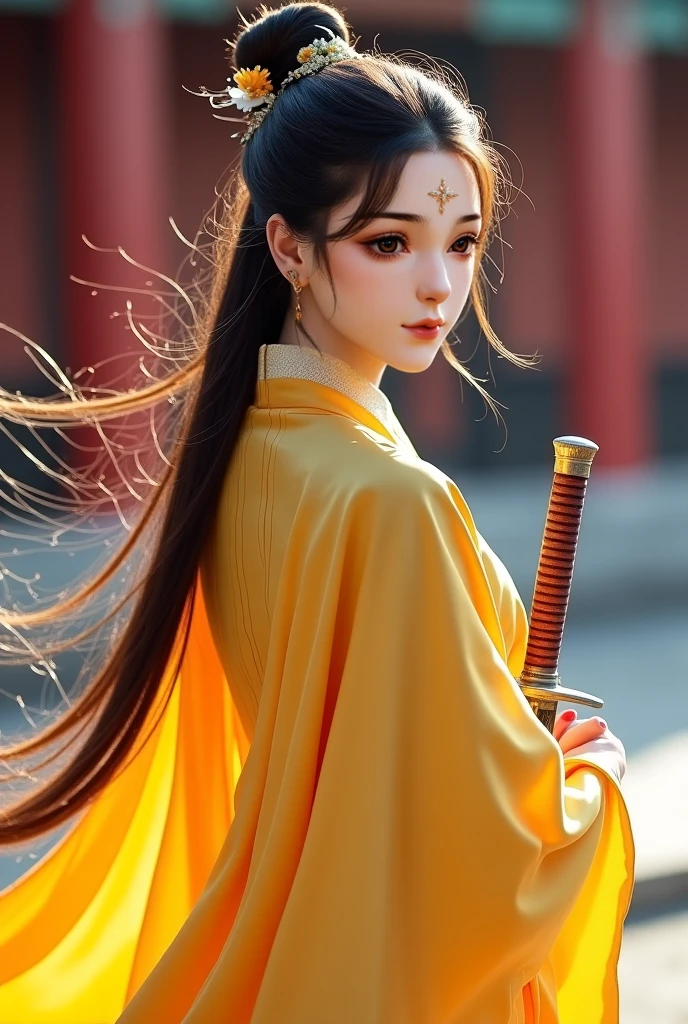 1 beautiful Chinese woman .  long flowing hair . Wearing a simple hairpin . Simple jewelry and makeup. Wearing simple hanfu clothes of yellow.  A servant of the lord royal princess.  Holding a sword in his right hand. Background of a Chinese royal palace. 