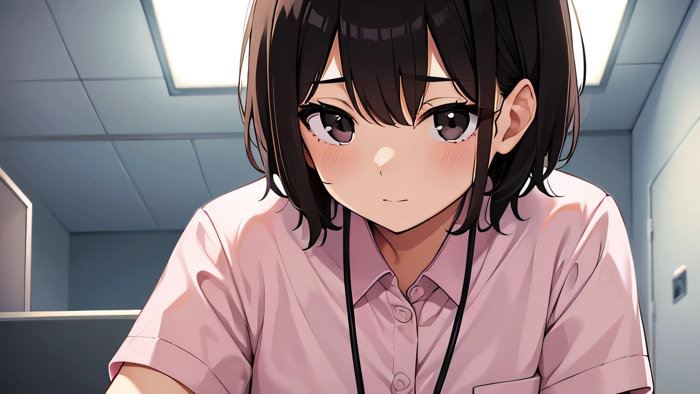 Anime girl with black hair and pink shirt sitting in a room - SeaArt AI